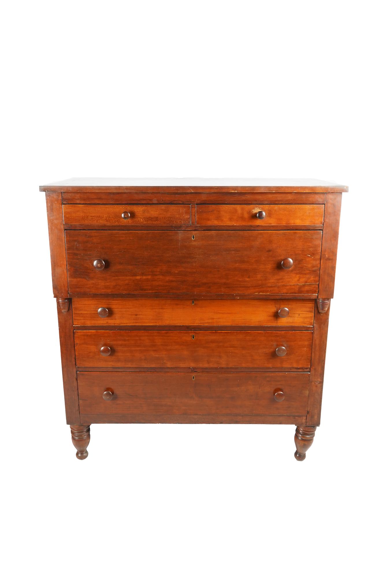 AMERICAN MAHOGANY CHEST: Condition: with nicks, chips and scratches; loss to area around top right knob 45 inches wide; 21 inches deep; 48 inches high