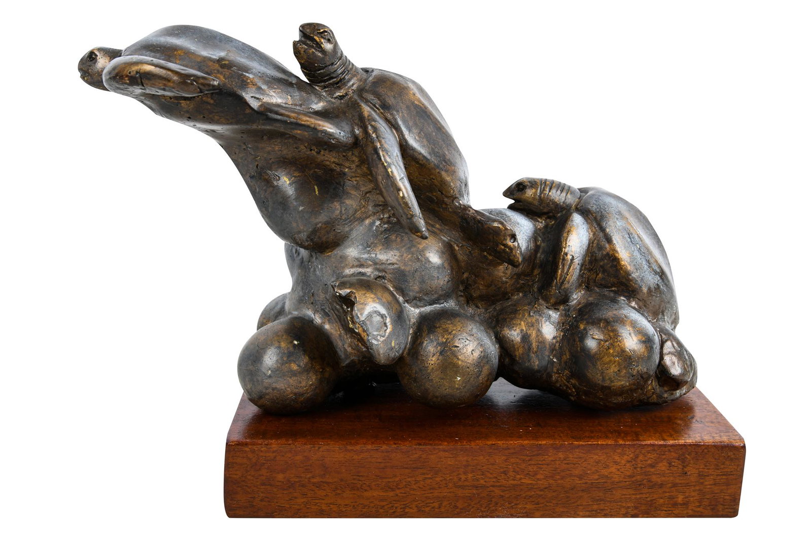 HARRY FUTORAN: TURTLES: 1994 patinated bronze signed and dated in casting mounted to a wooden base the bronze alone: 12 inches wide; 5 1/2 inches deep; 9 3/4 inches high overall: 9 1/2 inches high