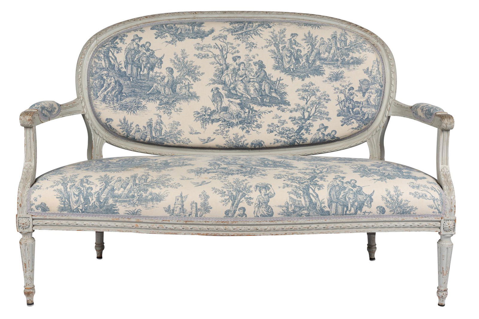 LOUIS XVI STYLE CARVED GREY-PAINTED SETTEE (1 of 10)