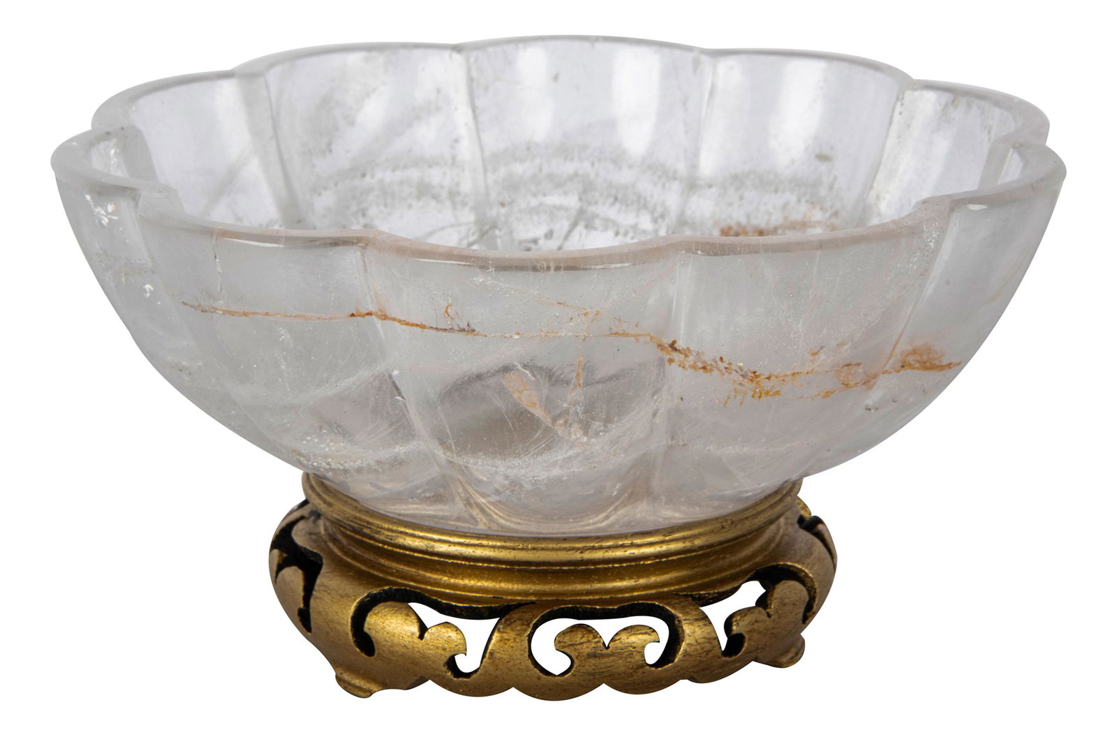 FLUTED ROCK CRYSTAL BOWL ON WOOD STAND (1 of 7)