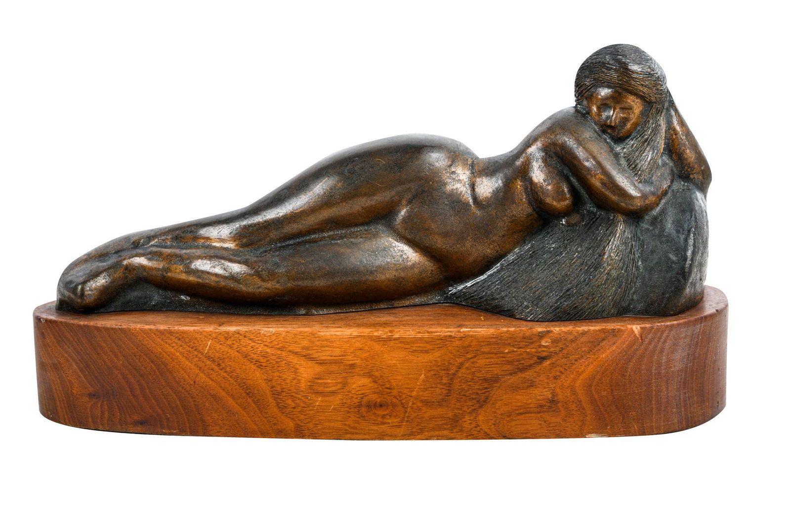 HARRY FUTORAN: RECLINING NUDE: patinated bronze signed mounted to a wooden base the bronze alone: 12 inches wide; 4 inches deep; 5 inches high; overall: 13 inches wide; 5 inches deep; 7 inches tall
