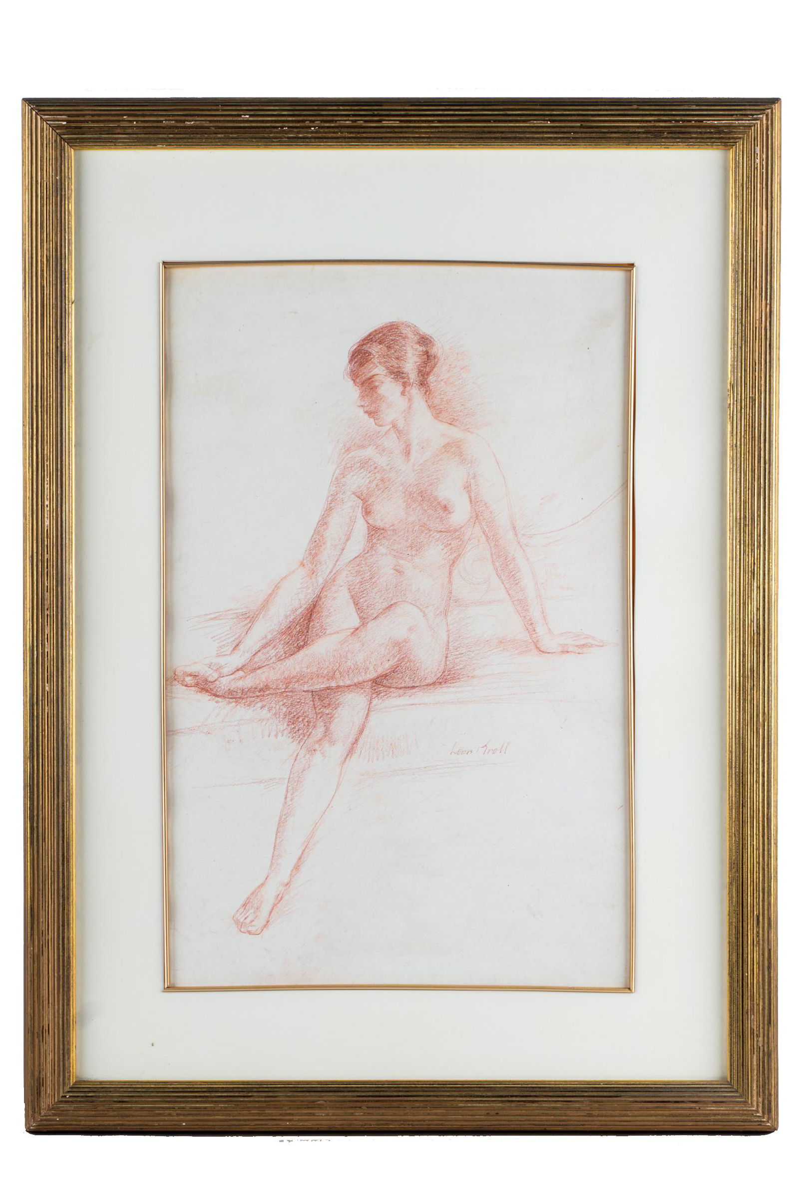 LEON KROLL (1884 - 1974): SEATED NUDE: red charcoal on paper signed center right 21 x 13 1/2 inches sight; 30 x 22 inches frame