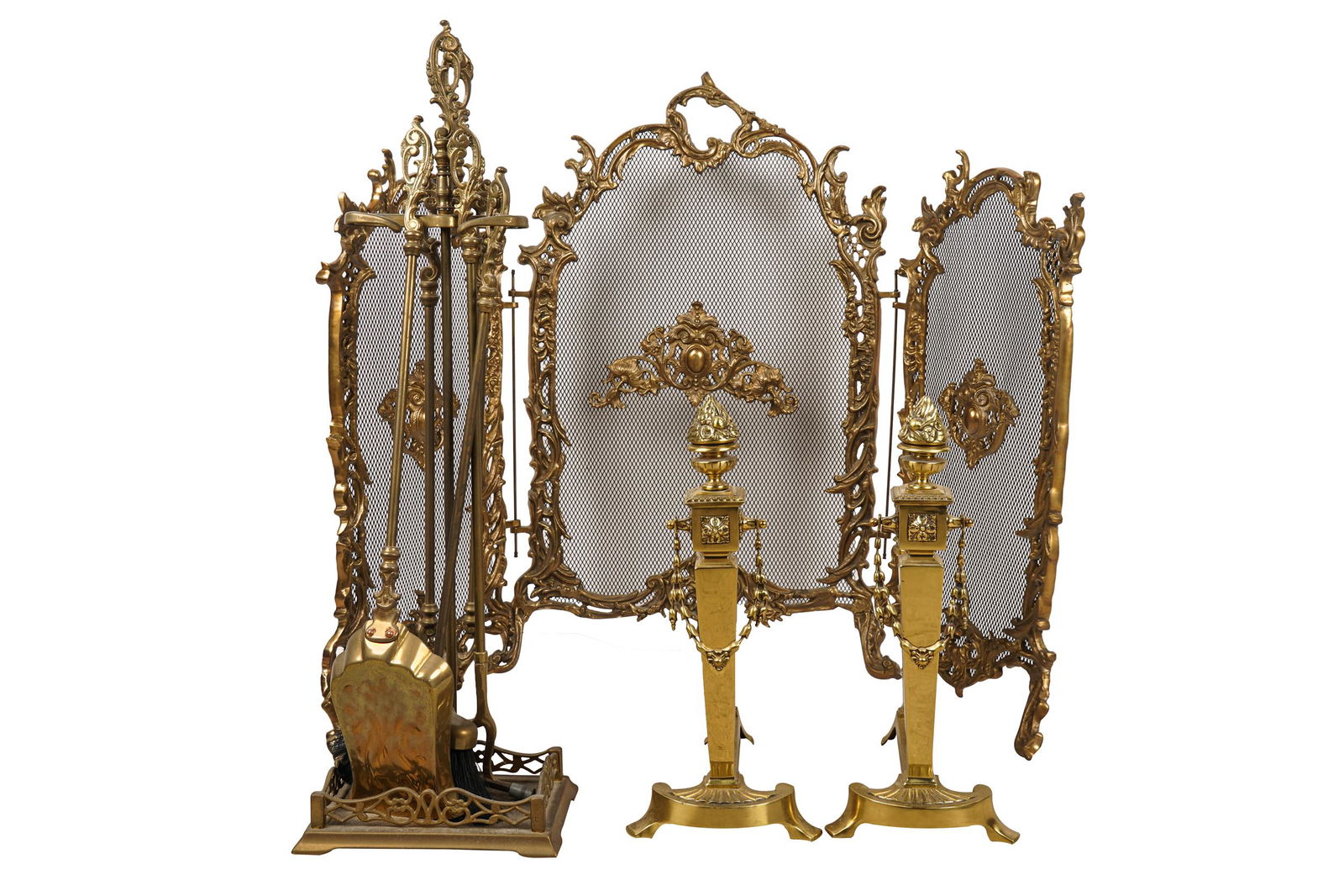 SET OF FIRE TOOLS, ANDIRONS, & FIRE SCREEN (1 of 12)