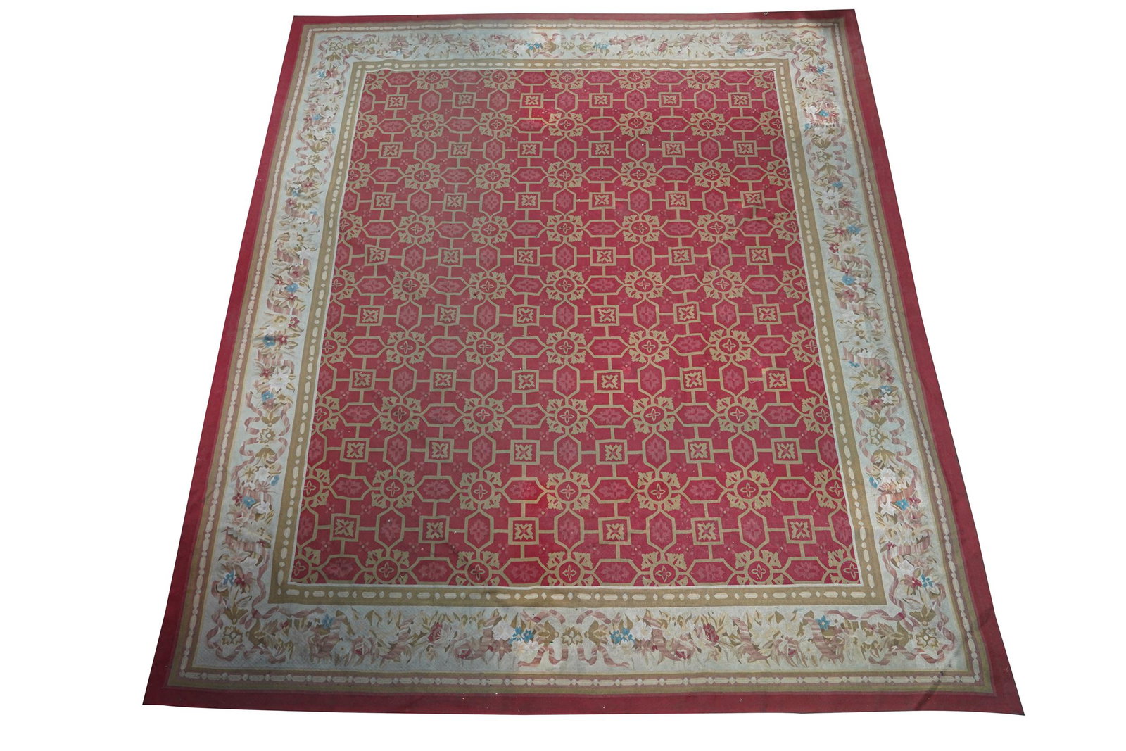 RED FIELD AUBUSSON CARPET: Condition: needs cleaning. 14'11" x 11'7"