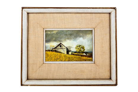 RICHARD SCHLECHT (B. 1936): "SMITH'S FARM": 1966 oil on board signed lower right dated and titled on gallery label verso 6 1/2 x 9 3/4 inches sight;16 x 19 1/2 inches frame