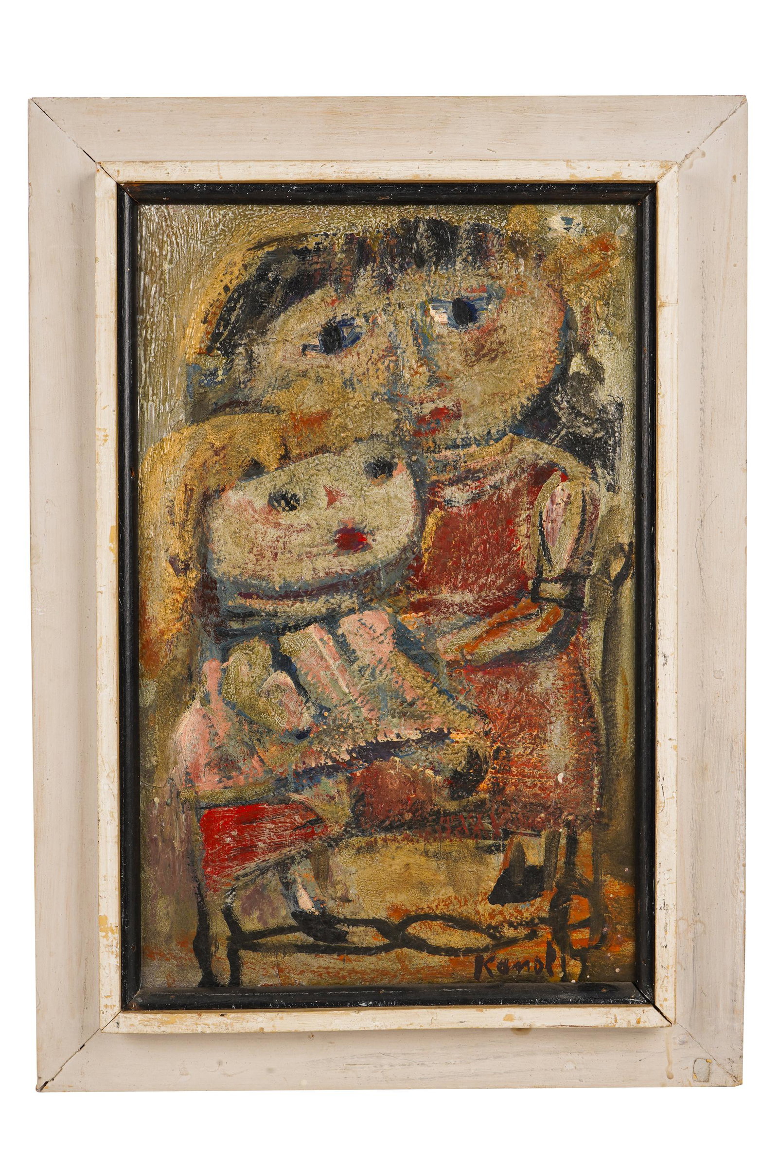20TH CENTURY: PORTRAIT OF GIRL & DOLL: 1958 oil on board signed lower right, signed again and dated verso "Karol 1958" Provenance: The Estate of Arnold and Joan Travis 18 x 12 inches board; 22 1/2 x 16 inches frame