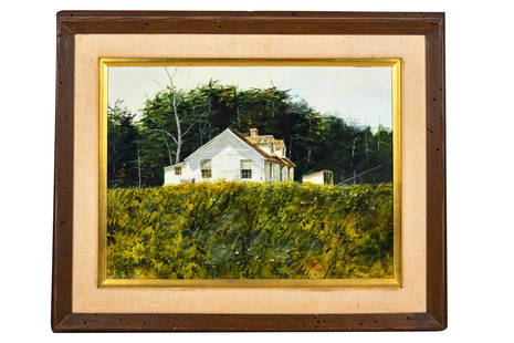 RICHARD SCHLECHT (B. 1936): HOUSE IN A LANDSCAPE: oil on board signed lower right 12 x 16 inches board; 17 1/2 x 21 3/4 inches frame