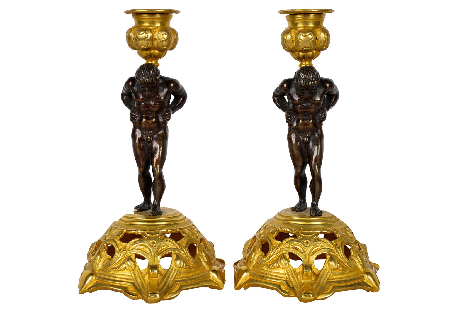 PAIR OF PATINATED & GILT BRONZE FIGURAL CANDLESTICKS (1 of 11)