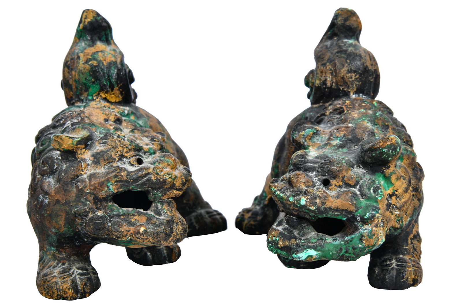 PAIR OF CHINESE PAINTED IRON FOO DOGS: Condition: weathered each 6 3/4 inches wide; 6 inches high