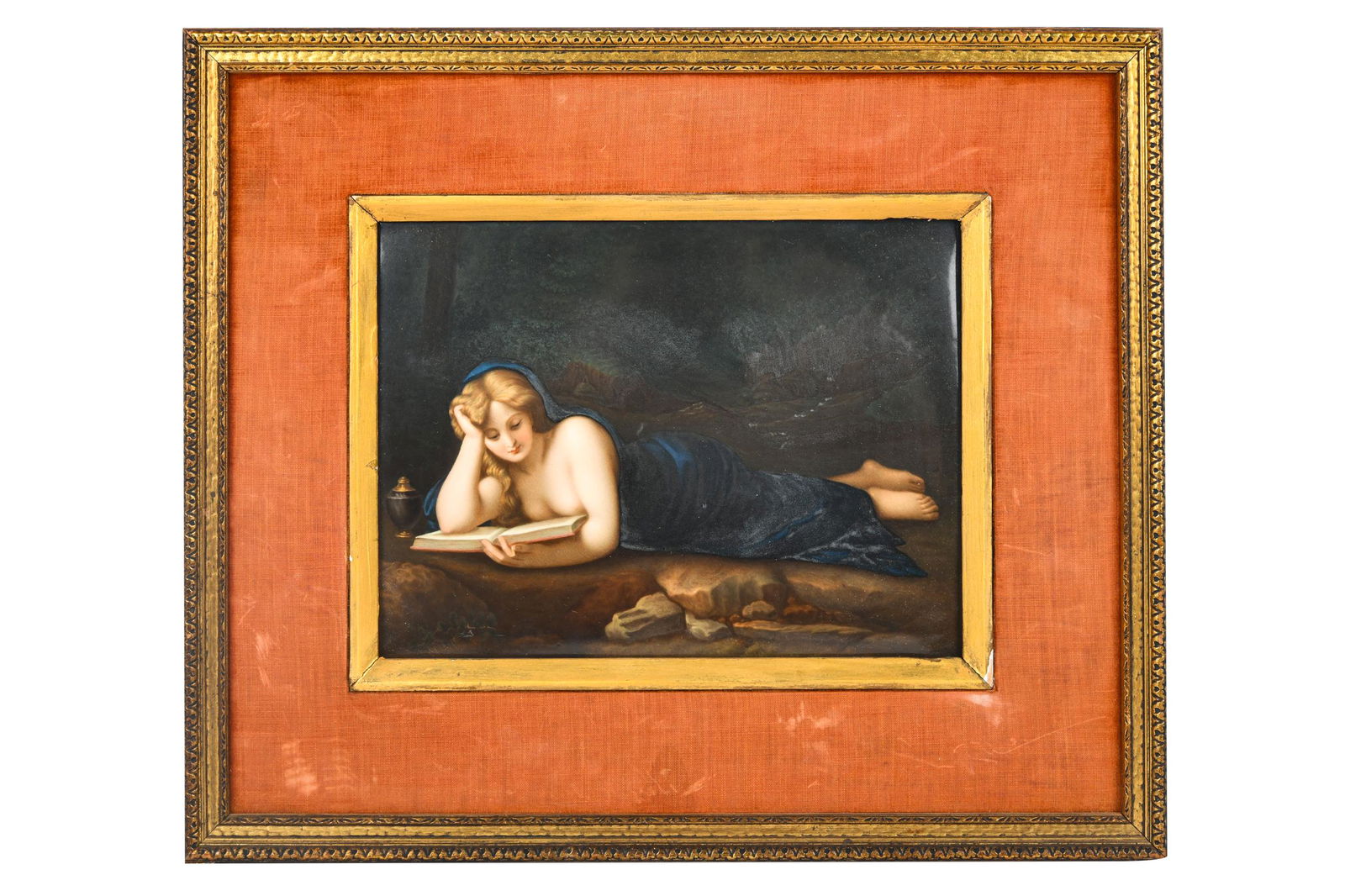 KPM PORCELAIN PLAQUE: RECLINING WOMAN: impressed KPM scepter mark verso 7 1/2 x 9 3/4 inches plaque; 13 1/2 x 16 inches frame