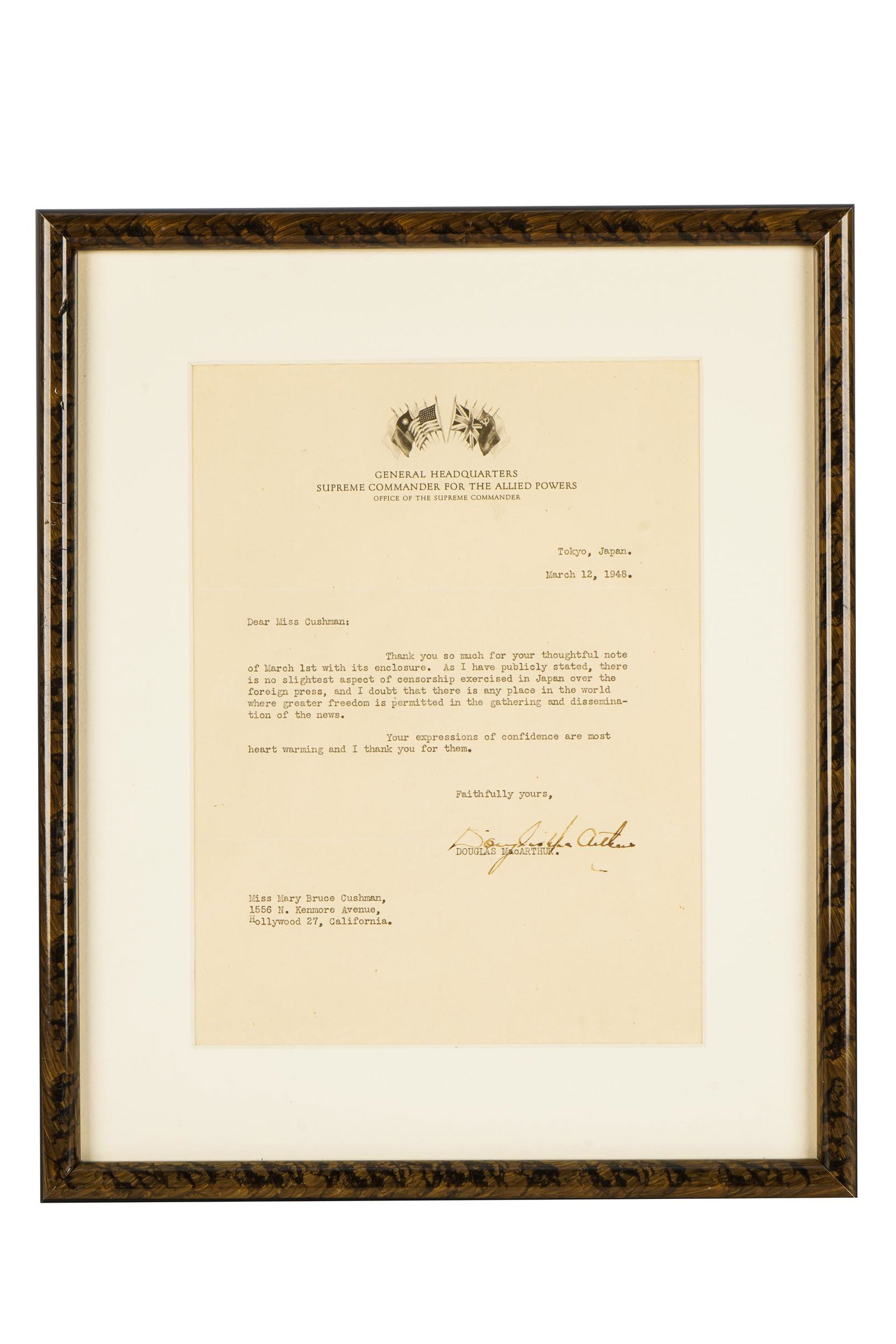 DOUGLAS MACARTHUR (1880 -1964): SIGNED LETTER (1 of 7)