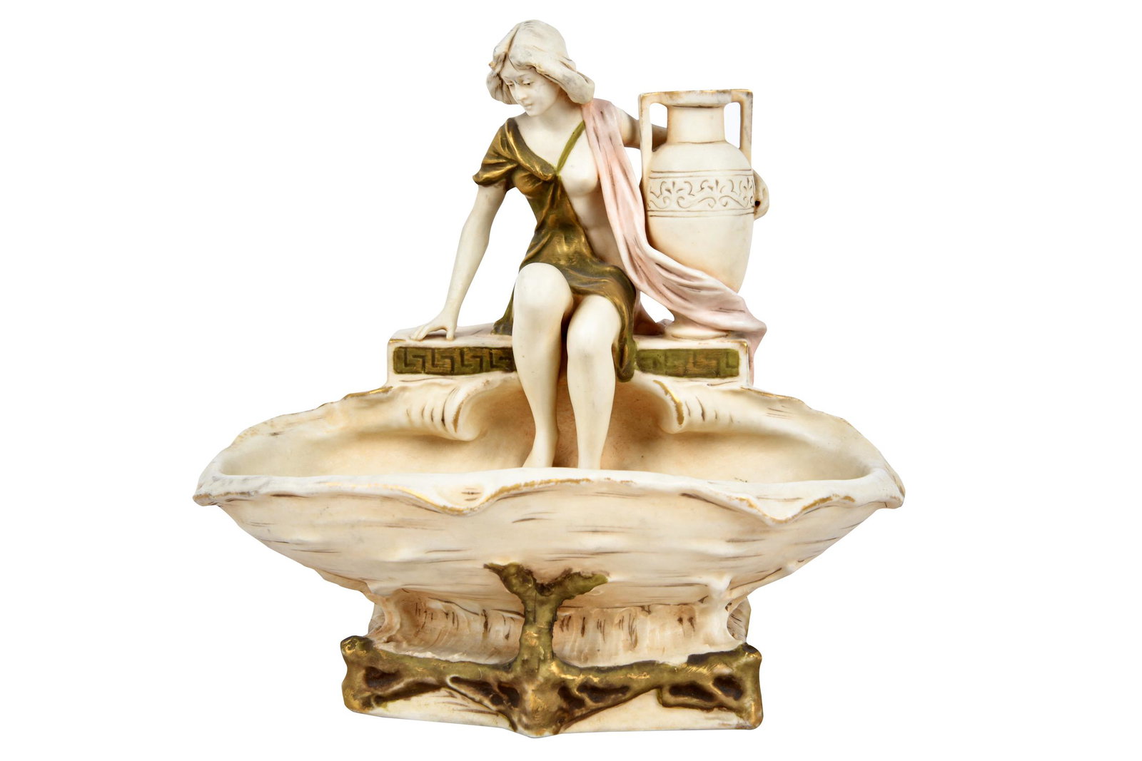 ALOIS HAMPEL FOR ROYAL DUX PORCELAIN FIGURAL BOWL: signed Hampel to back Royal Dux mark to underside no. 1149 9 1/4 inches wide; 9 1/4 inches high