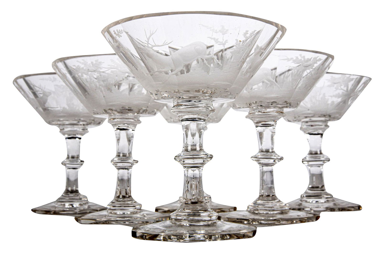 SET OF SIX BOHEMIAN ETCHED GLASS COUPES (1 of 7)