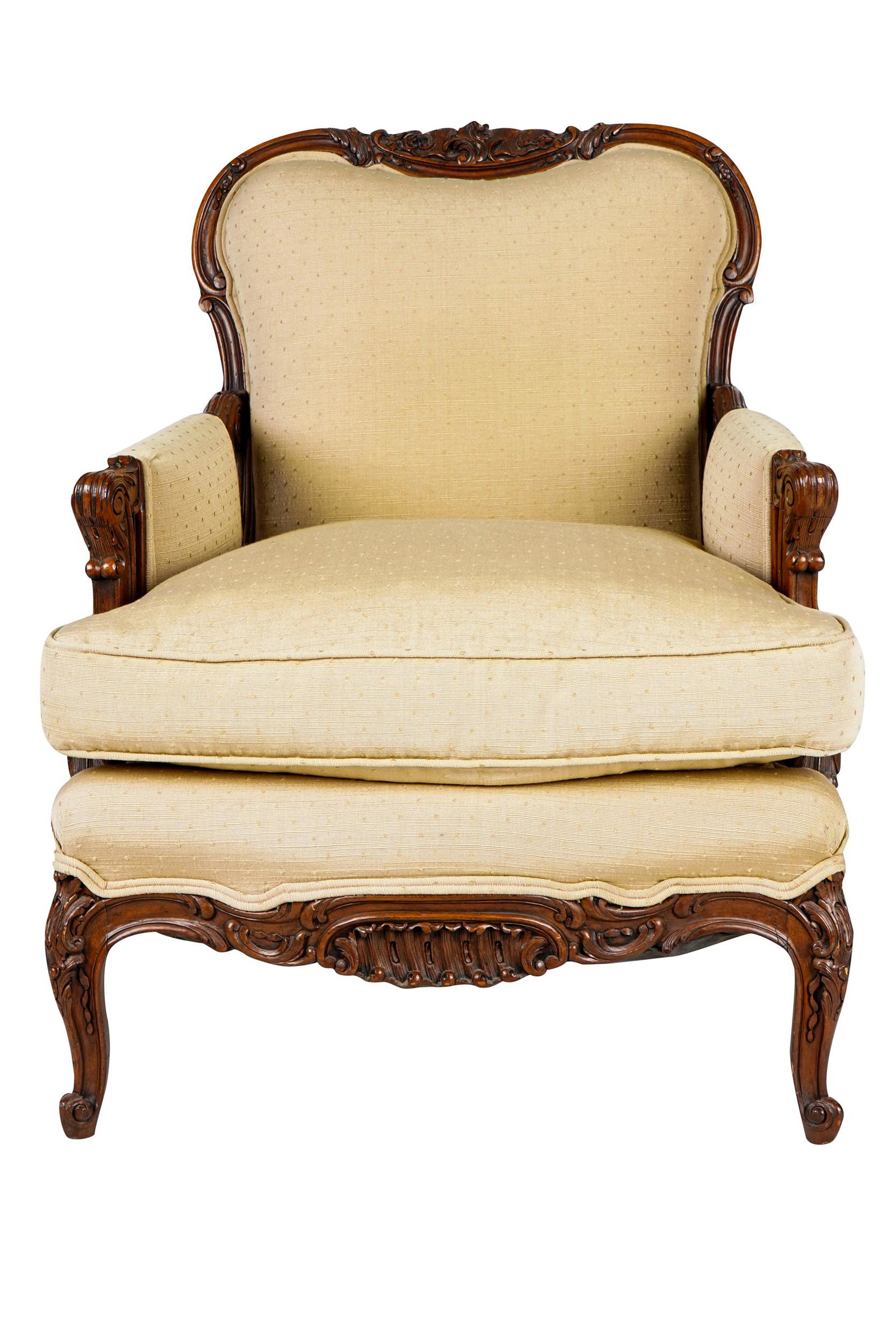 ROCOCO-STYLE CARVED WOOD BERGERE: covered with beige fabric Condition: fabric clean and usable; no stains. 28 inches wide; 30 inches deep; 35 inches high; seat height: 17 inches
