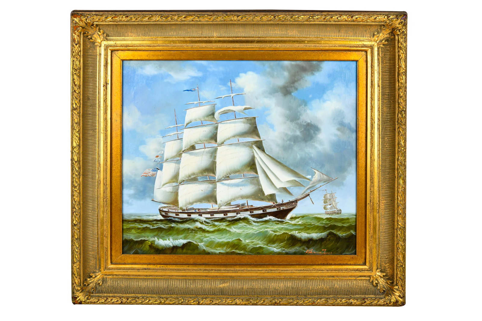 ROBINSON JONES: CLIPPER SHIPS: signed lower right oil on canvas 20 x 24 inches canvas; 29 x 33 inches frame