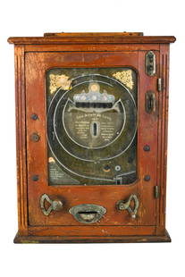 THE "ALLWIN DE LUXE" PENNY SLOT MACHINE: Condition: with separation and loss to wood on backing; scratches and nicks to base and throughout; with paint drips; functionality unknown; heavily worn 20 inches wide; 7 1/2 inches deep; 25 1/2 inch