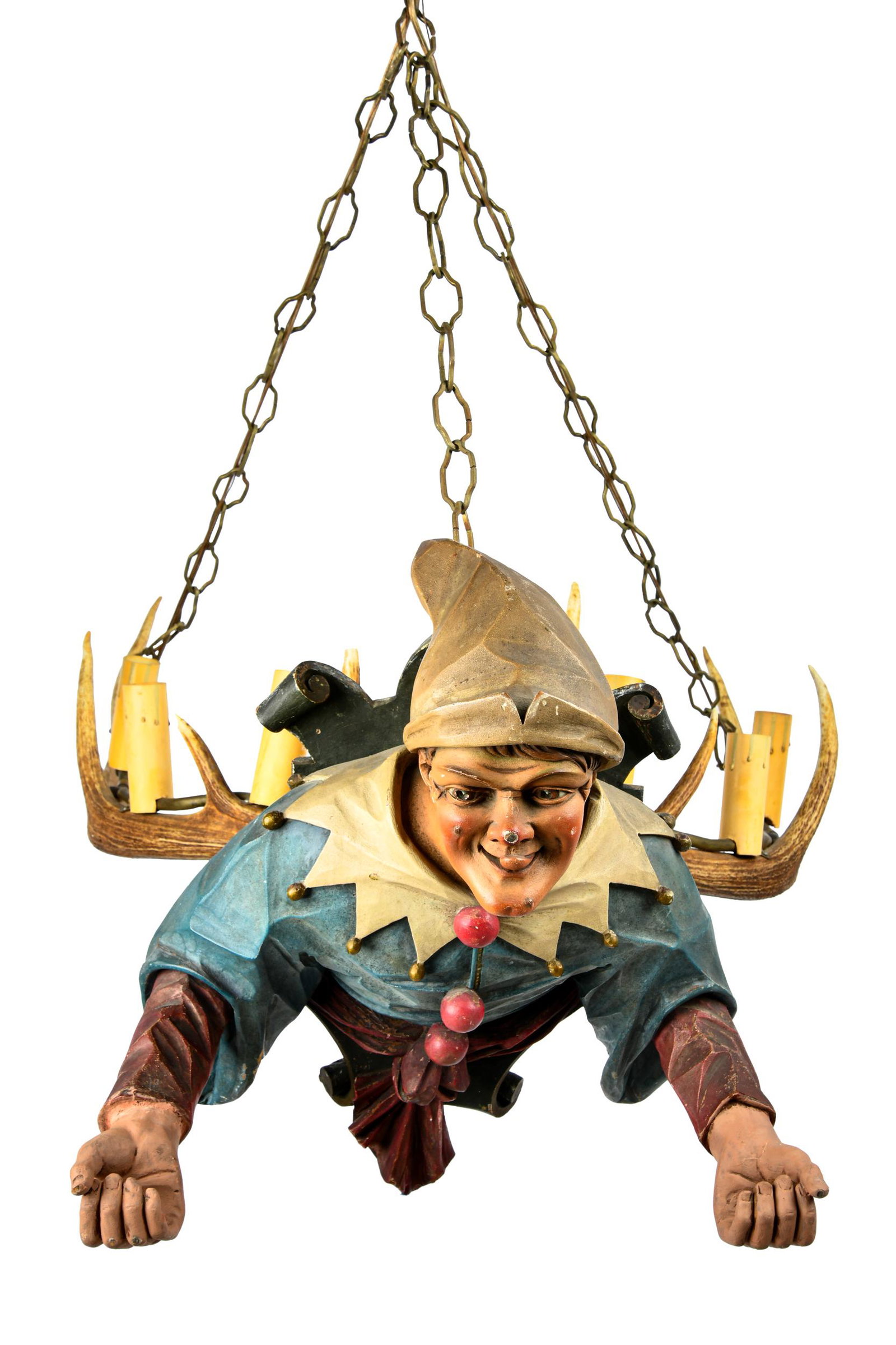 GERMAN FIGURAL ANTLER FIXTURE: Condition: with loss to nose and several areas throughout; wired for electrification 24 inches wide; 38 inches deep; 38 inches high