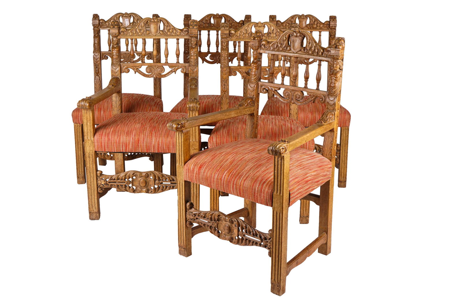 SET OF EIGHT CARVED & BLEACHED OAK DINING CHAIRS (1 of 9)