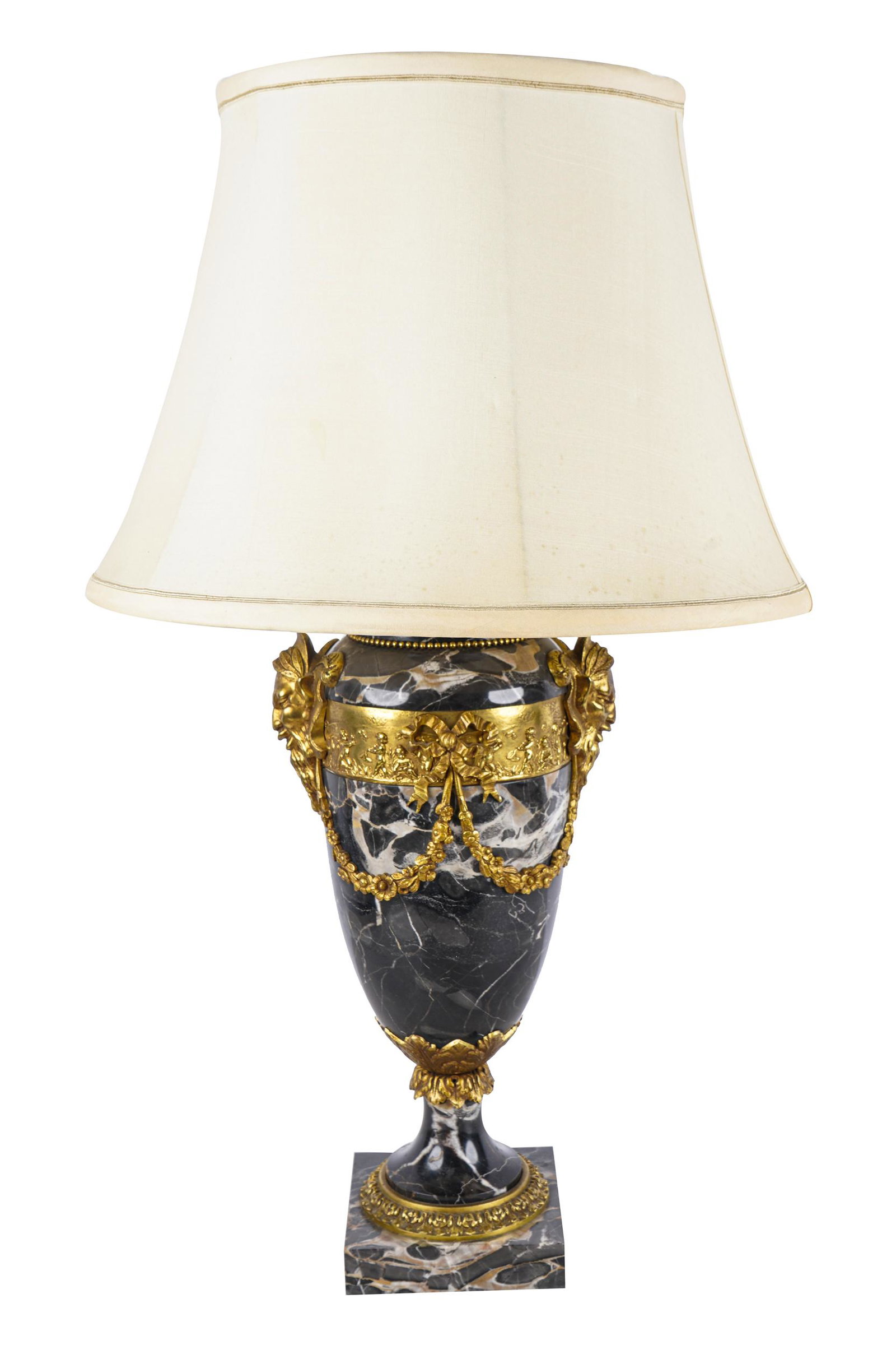 LOUIS XVI STYLE MARBLE & GILT METAL URN-FORM LAMP: 20th century with satyr mask mounts, the silk shade over twin sockets 29 total inches high