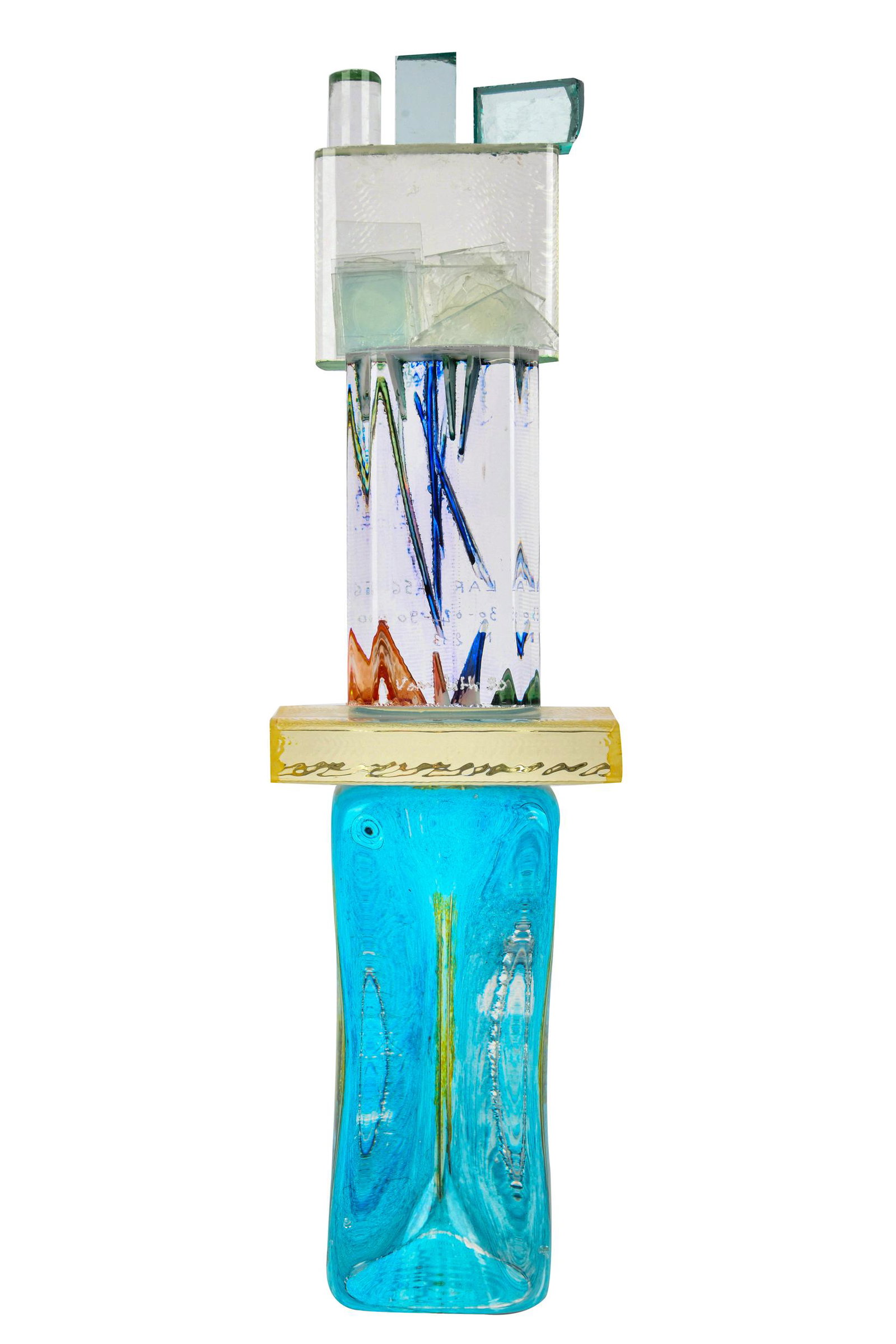 JEAN PAUL VAN LITH (B. 1940): GLASS TOTEM: signed 18 1/4 inches high