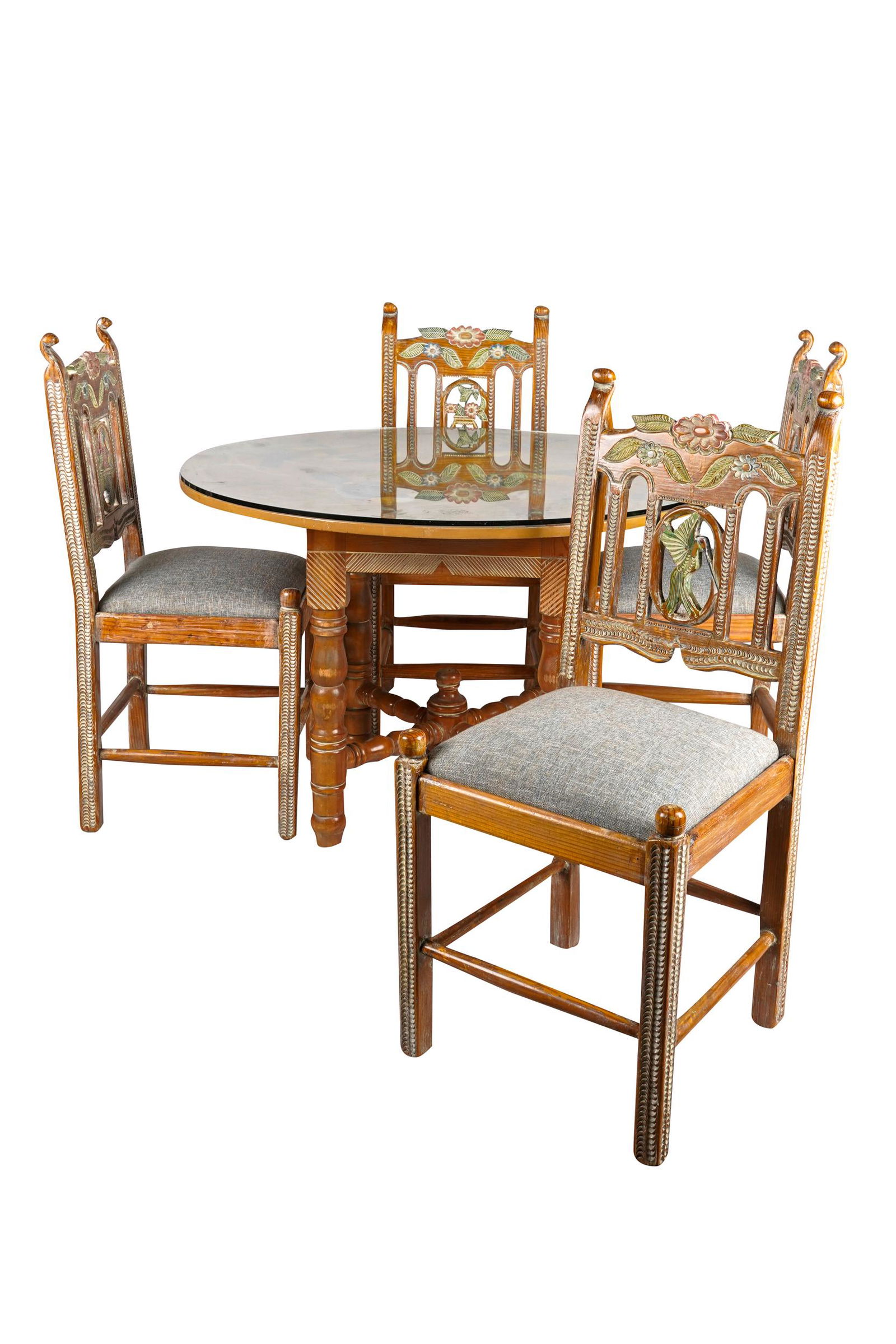 PAINTED, CARVED & BLEACHED WOOD DINING SET (1 of 11)