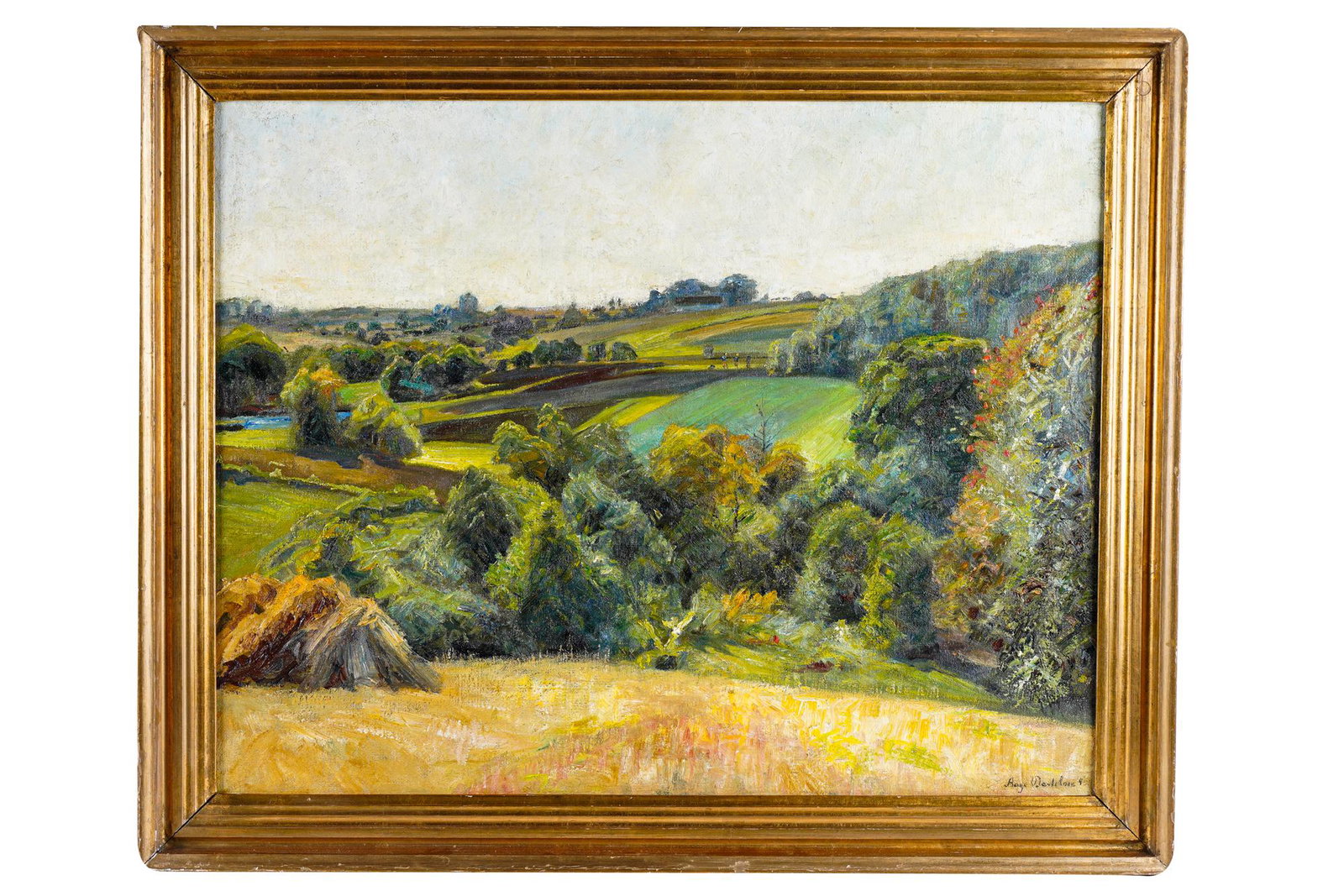 AAGE BERTELSEN (1873-1945): "LANDSCAPE WITH HAY": oil on canvas signed lower right titled to gallery label verso 24 x 30 inches canvas; 27 1/4 x 33 3/4 inches frame