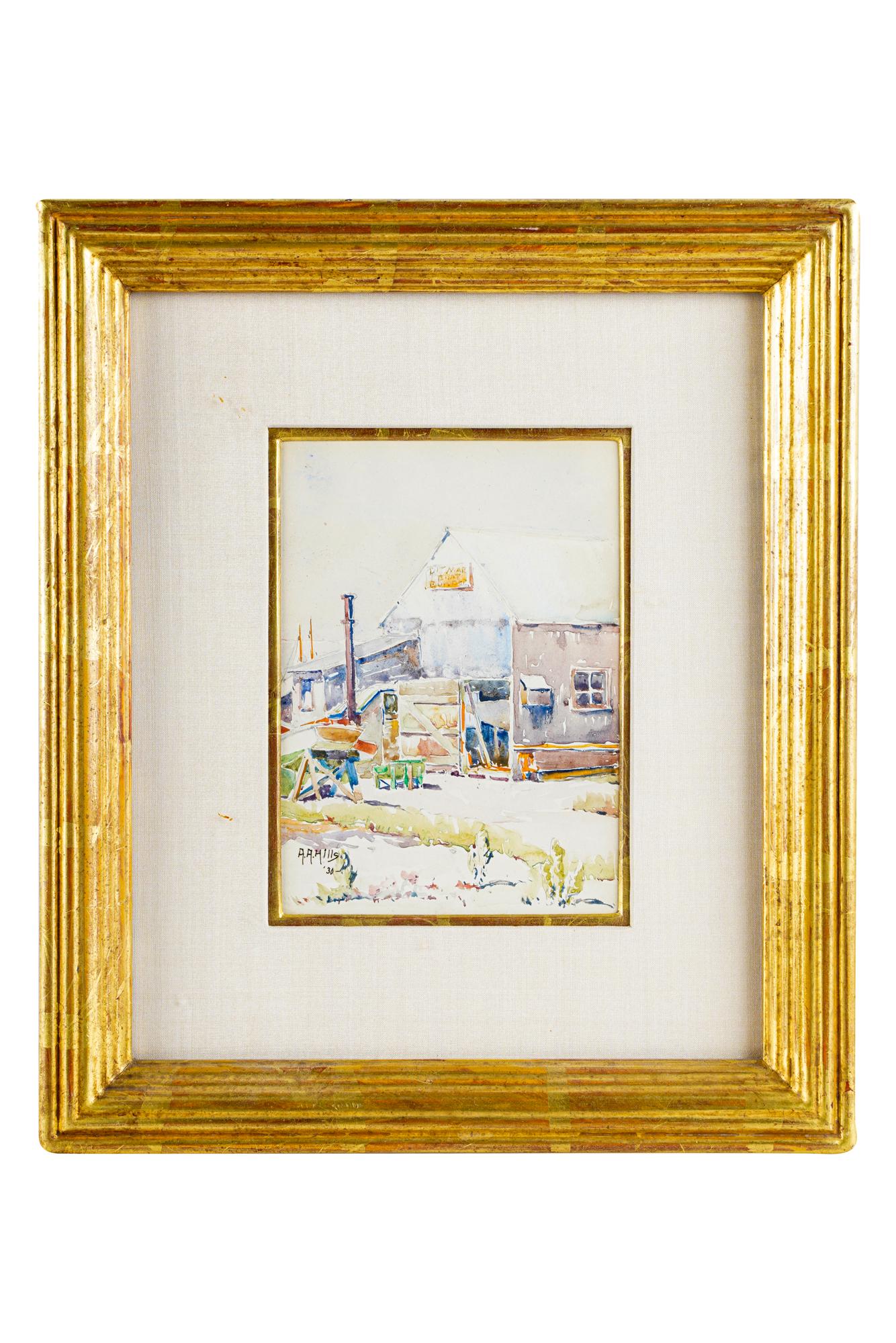 ANNA HILLS (1882 - 1930): "DITMAR, BOAT BUILDERS,: 1930 watercolor on paper signed and dated lower left titled to gallery label verso 7 x 5 inches sheet