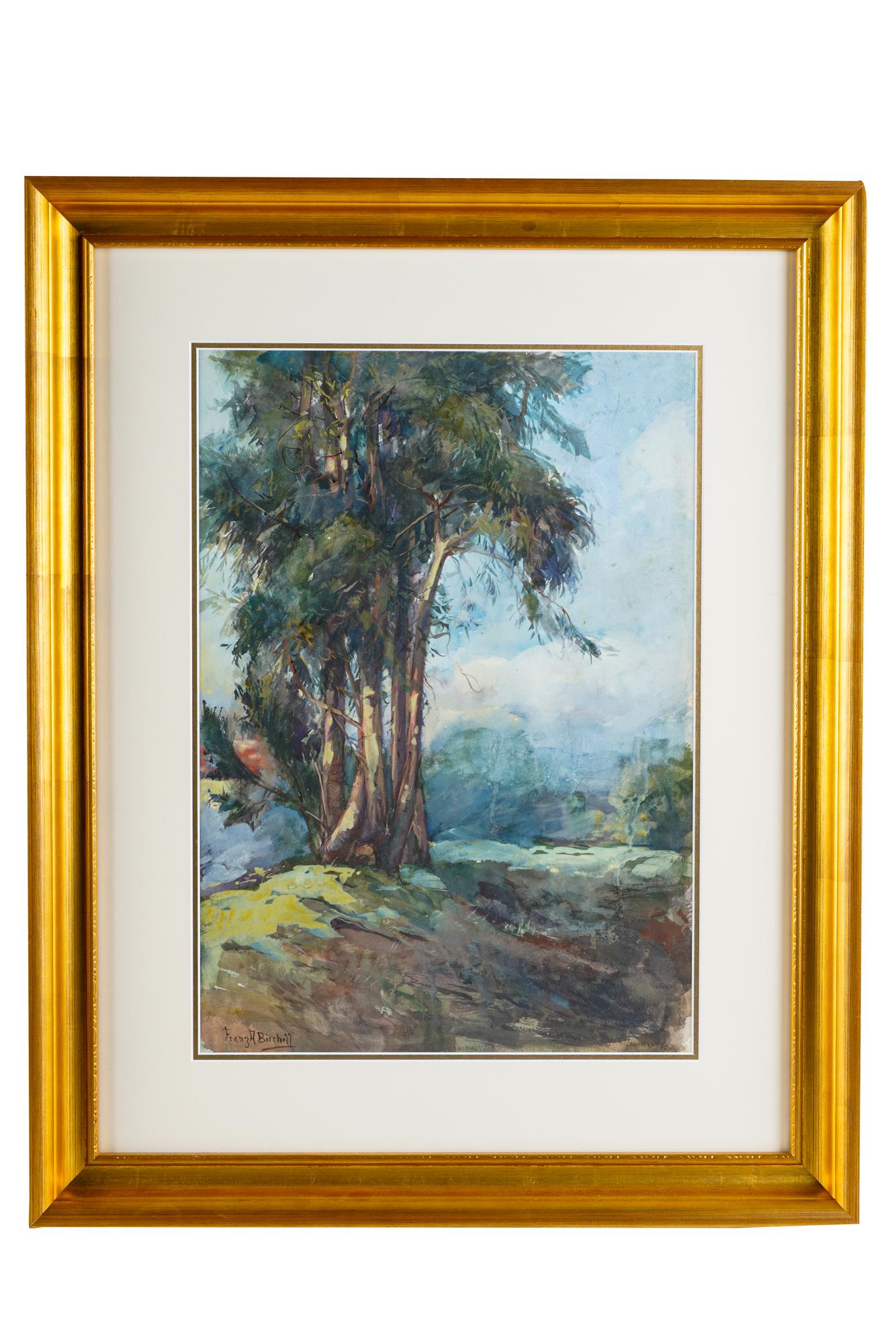 FRANZ A. BISCHOFF (1864-1929): "EUCALYPTUS LANDSCAPE": watercolor signed lower left titled to gallery label verso 19 x 13 inches sight