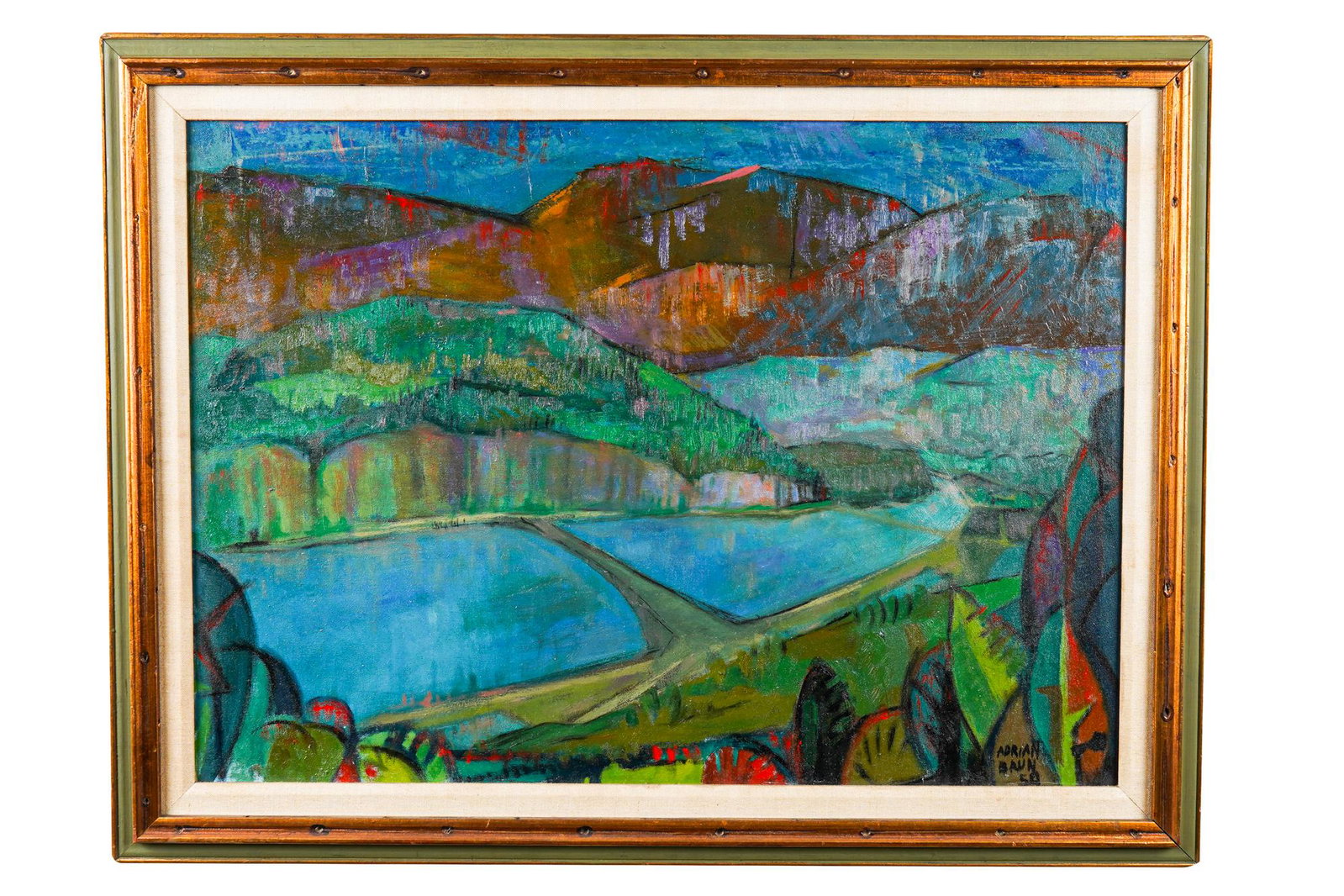 ADRIAN BRUN: RIVER LANDSCAPE: 1950 oil on canvas signed and dated lower right Provenance: George Stern Fine Arts label verso 22 1/2 x 31 1/4 inches; framed: 27 1/2 x 36 1/4 inches