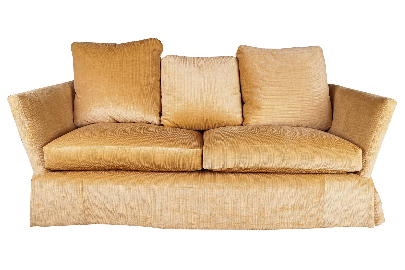 KNOLE SOFA: with peach-colored upholstery and metal finials 84 inches wide; 36 inches deep; 35 inches high