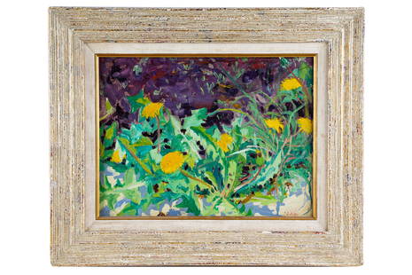 JESSIE ARMS BOTKE (1883 - 1971): "DANDELIONS #2": oil on board signed with initials lower right and titled verso Provenance: George Stern Fine Arts label verso 12 x 15 3/4 inches board; 18 1/2 x 22 1/2 inches frame