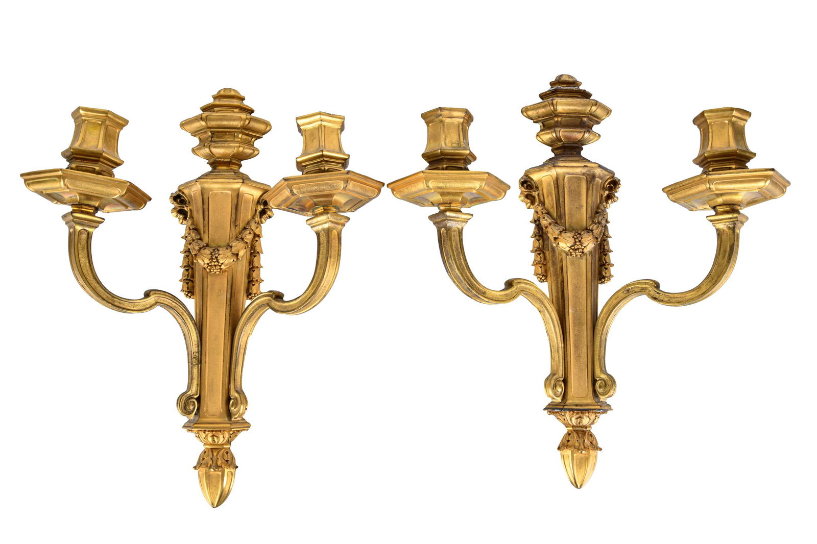 PAIR NEOCLASSIC GILT BRONZE TWO-LIGHT SCONCES (1 of 9)