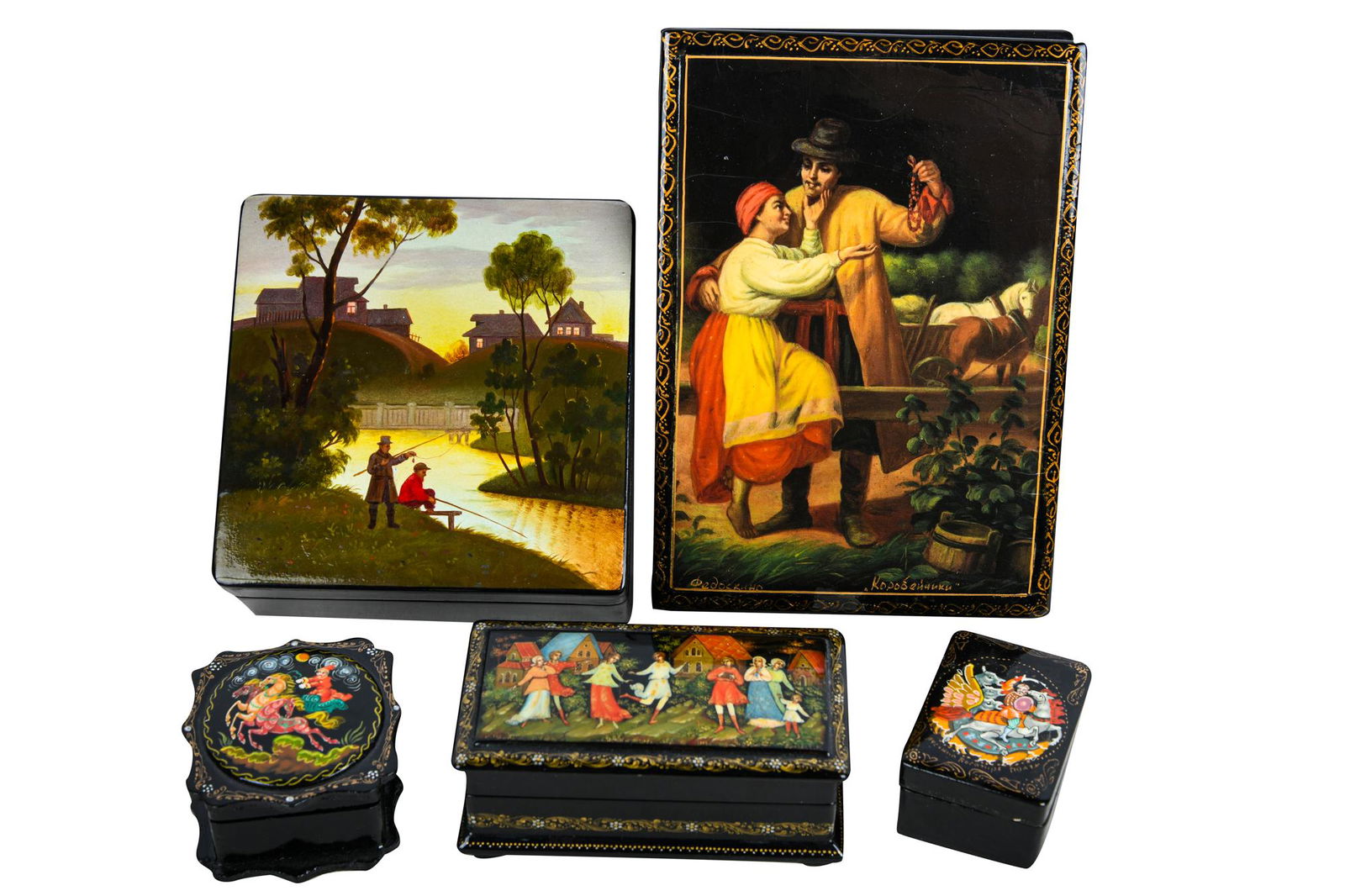 FIVE LACQUERED RUSSIAN BOXES (1 of 9)