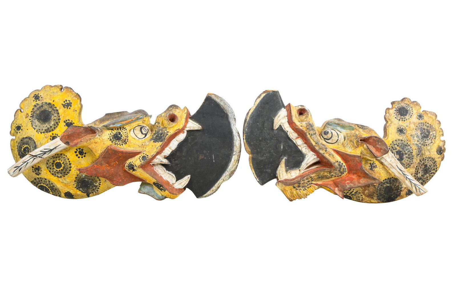 PAIR OF KOREAN POLYCHROME & WOOD CARVED DRAGON MOUNTS: Condition: with repair to one section; paint loss and scratches throughout 13 inches wide