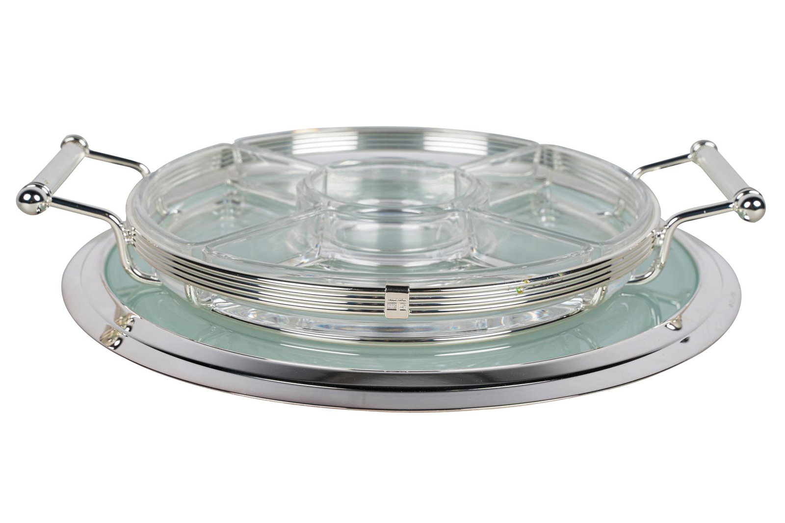 CHRISTOFLE PLATEAU & DIVIDED DISH: a silver-plate and glass divided dish with a silver-plate and frosted glass plateau, each with original box Condition: boxes worn, bent and scratched; with residue on silver-plate base of divided dish