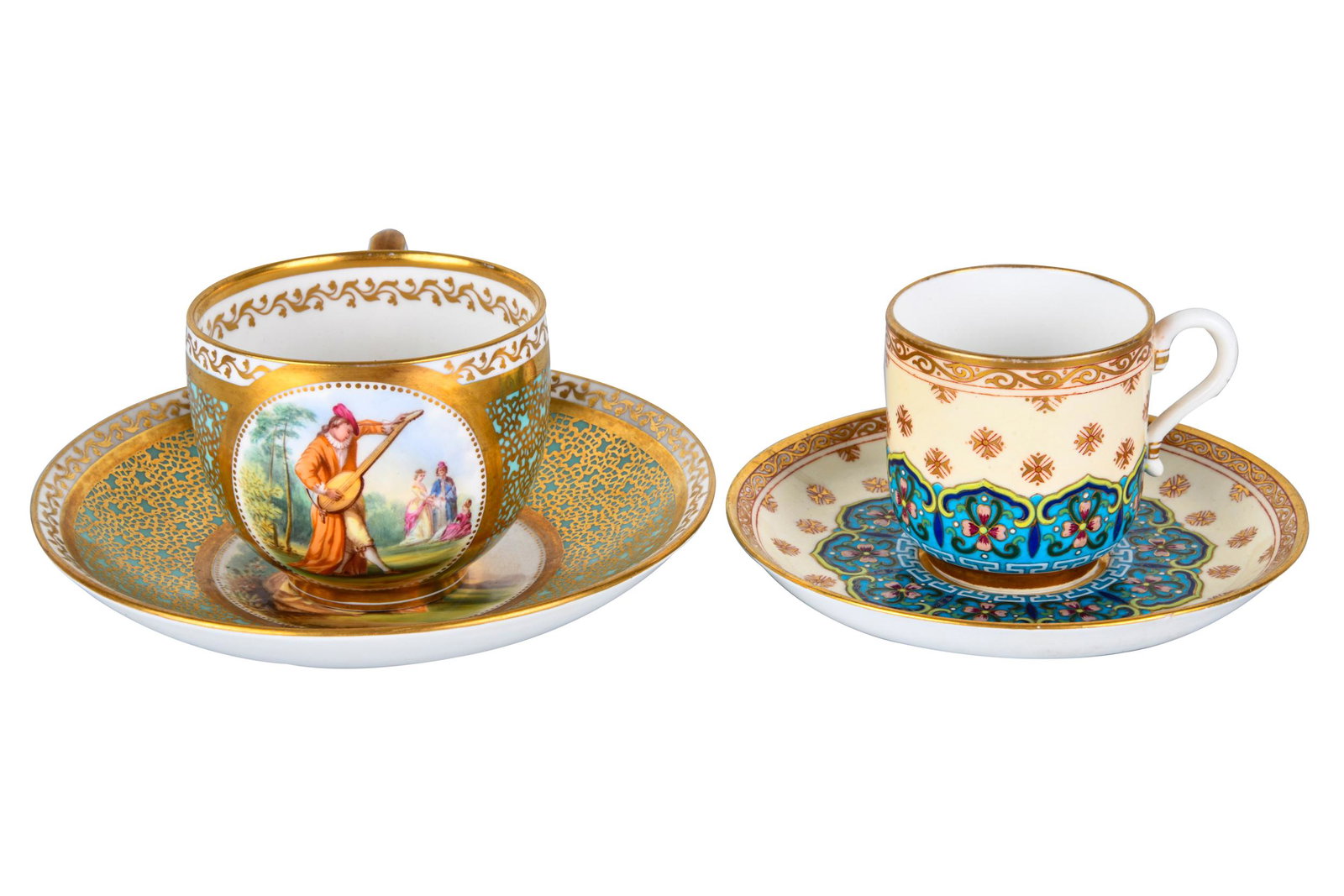 TWO ASSORTES PORCELAIN CUP & SAUCER SETS: one marked Mintons Condition: with faint loss to decoration on each Mintons cup: 2 1/4 inches high; the other: 2 1/2 inches high