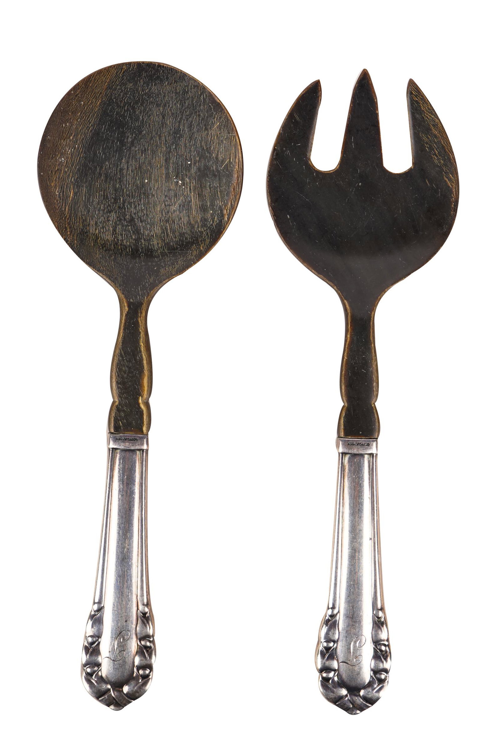 GEROG JENSEN STERLING HANDLE SALAD SET: Provenance: The Estate of Arnold and Joan Travis 8 inches wide