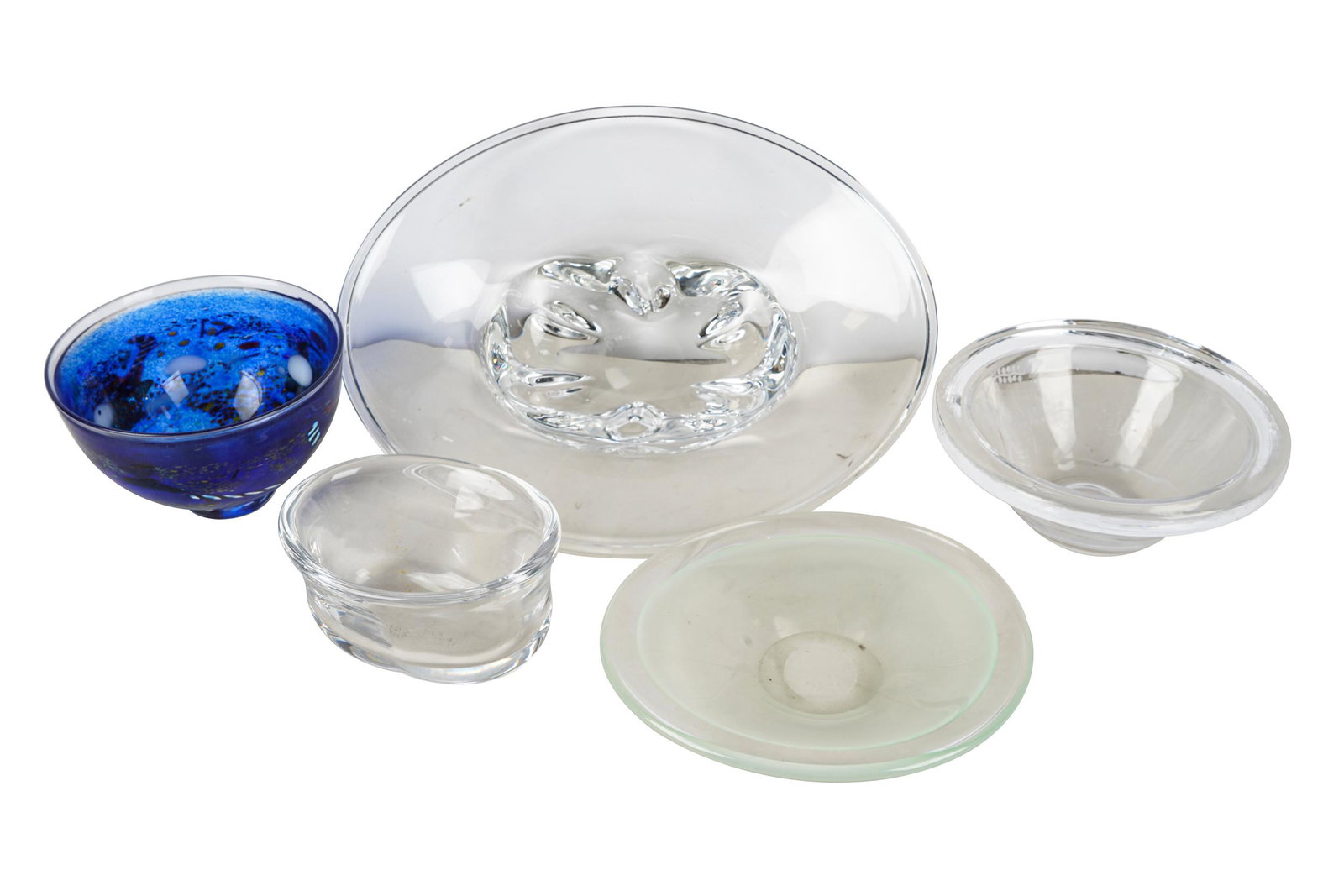 FIVE ASSORTED CRYSTAL PIECES: comprising: two Orrefors, one Kosta Boda, one signed illegible, and one unsigned Condition: large Orrefors bowl with flea bite chips to rim large Orrefors center bowl: 13 1/2 inches wide