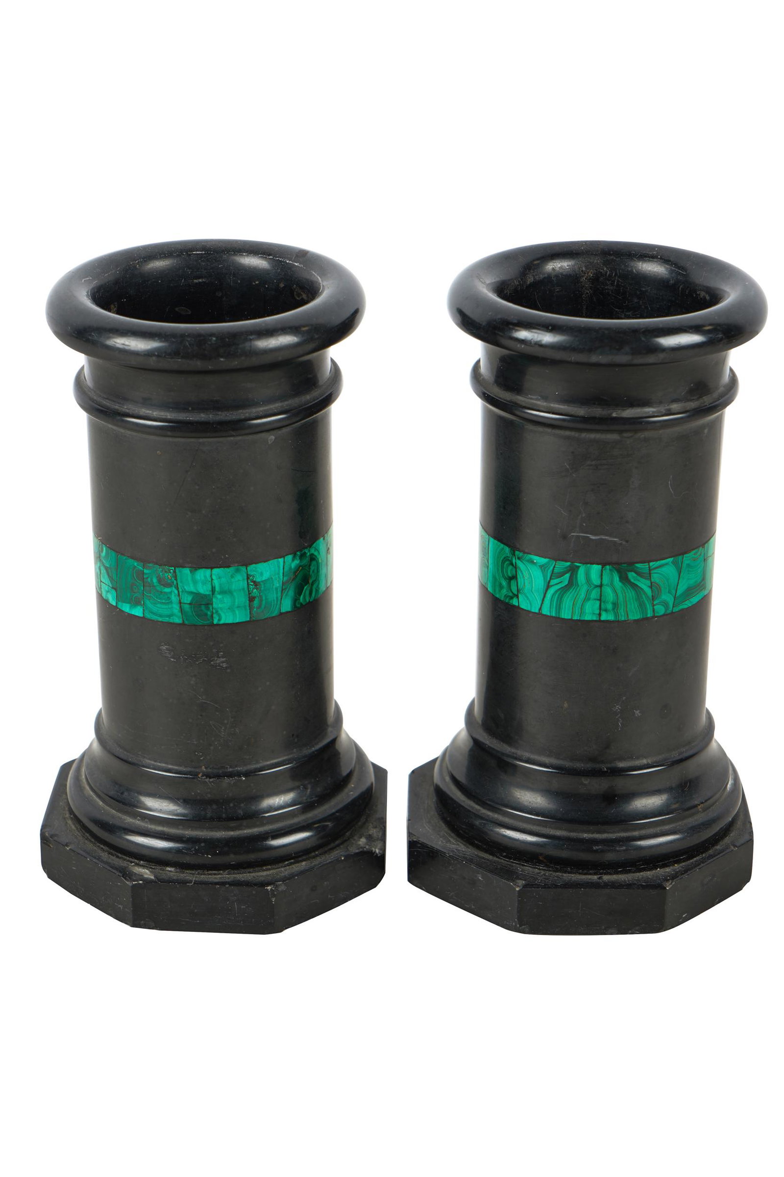 PAIR OF SLATE & MALACHITE GARNITURES: Condition: with several chips to base 6 inches high