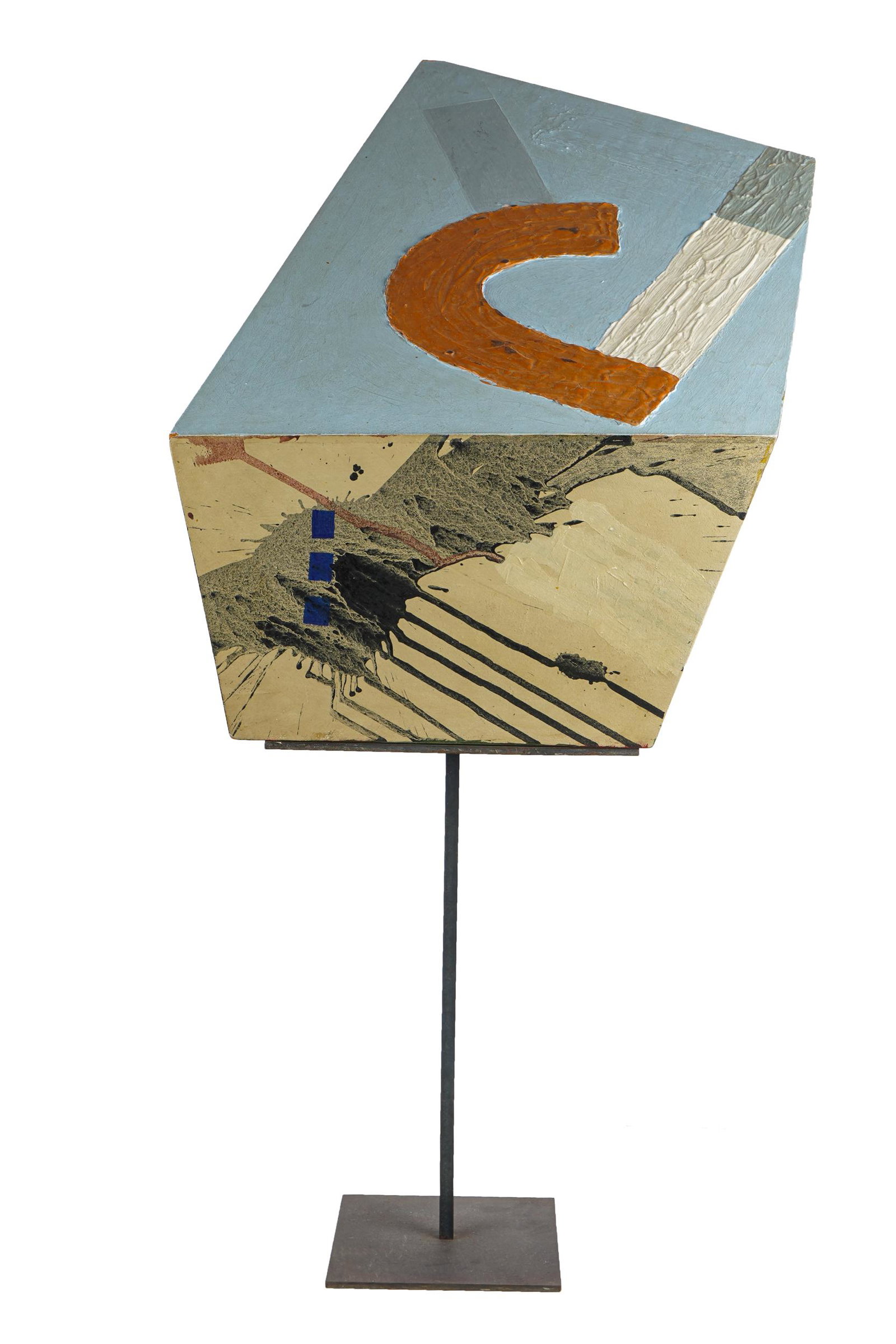 MODERN CUBE FORM SCULPTURE: resting on an iron base Provenance: The Estate of Arnold and Joan Travis Condition: with separation and wear on corners; scratches and scuffs throughout 42 1/2 total inches high