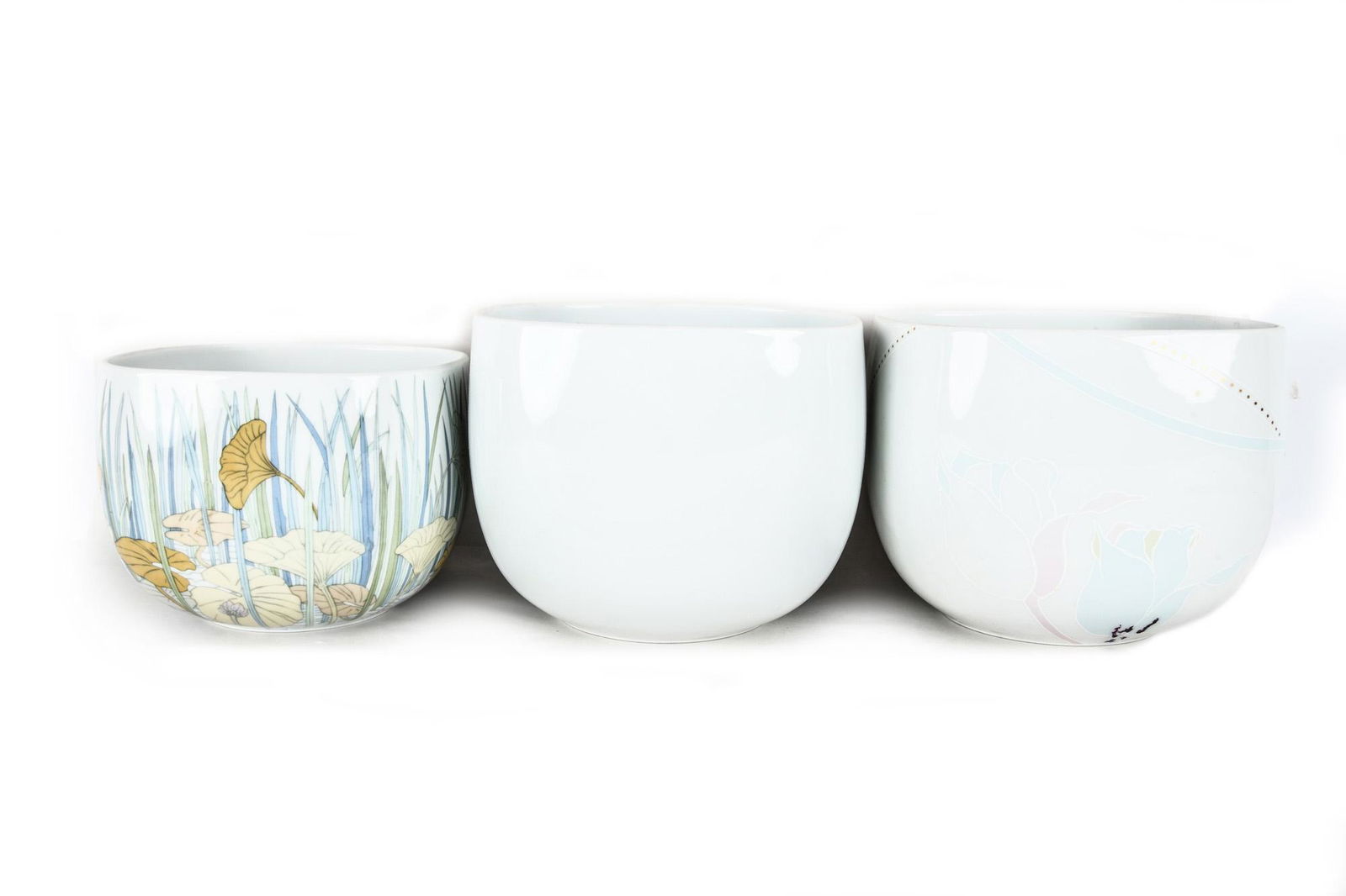 THREE ROSENTHAL STUDIO LINE PORCELAIN VASES: comprising: one by Alain Le Foll, one floral vase signed illegible and a white vase signed illegible Condition: with residue to floral illegibly signed vase the two larger vases: 6 1/2 inches diameter