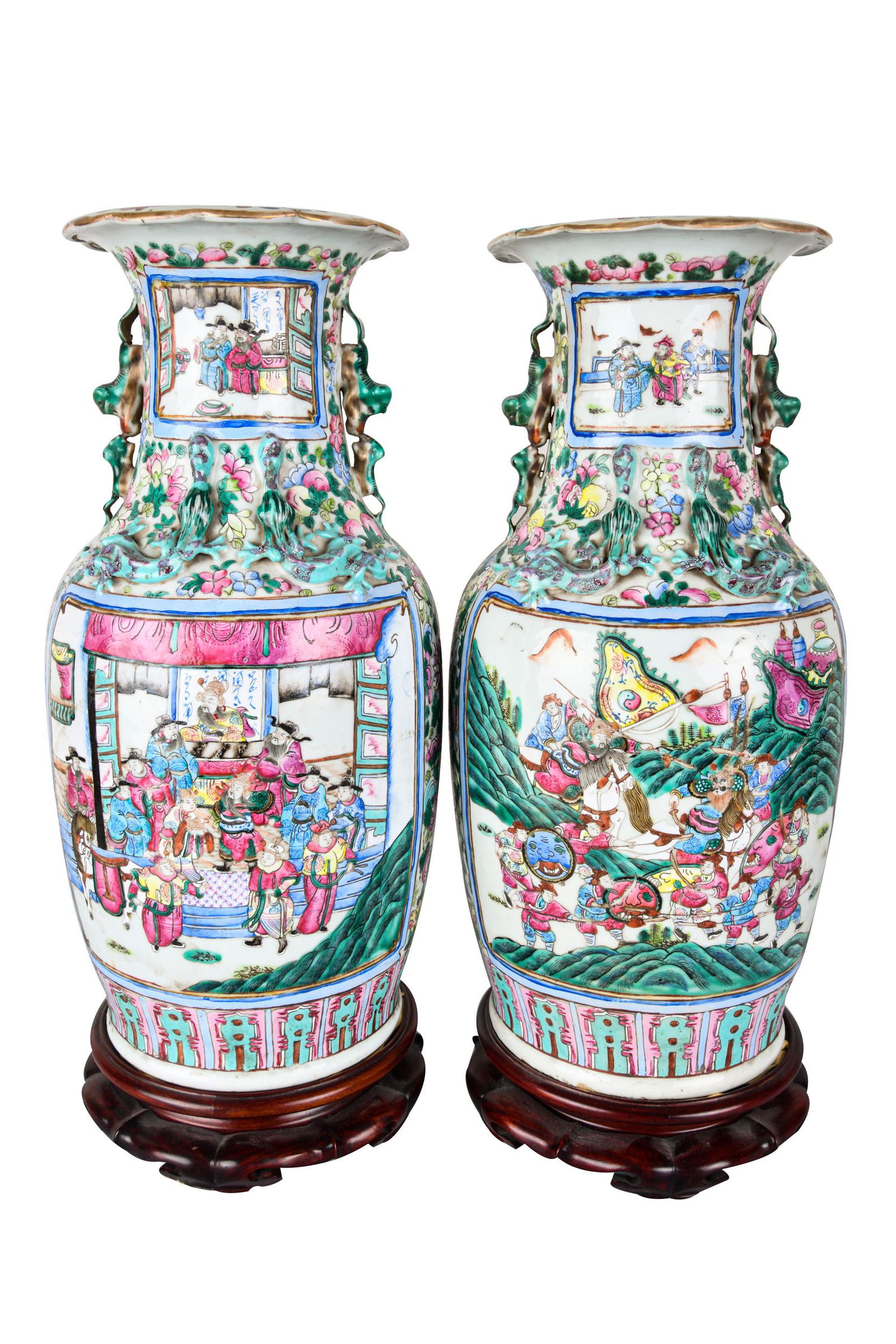 PAIR OF CHINESE PORCELAIN VASES: on carved wood stands Condition: general rubbed wear to decoration. One with extensive restorations throughout body, including three infilled cracks. The other with firing flaw to underside of mouth r