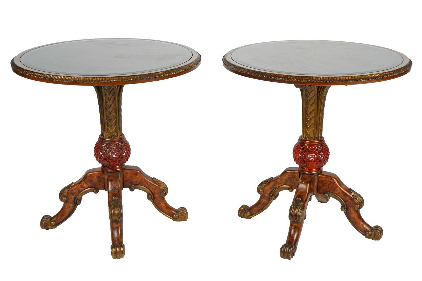 PAIR BAROQUE-STYLE GLASS & GILTWOOD OCCASIONAL TABLES: each with elaborately patterned gilt top under inset glass, raised on a tripod base incorporating a colored cut-glass globe each 26 inches diameter; 27 inches high