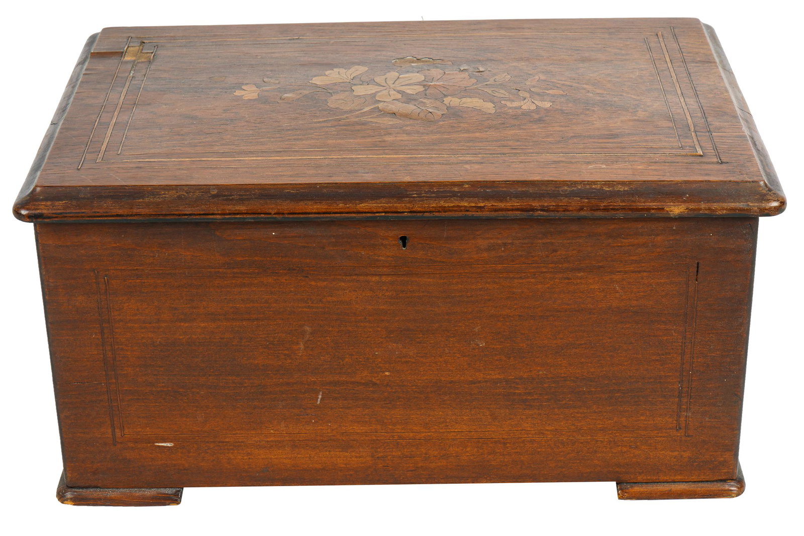 SWISS INLAID MUSIC BOX: Condition: with loss to inlay; working condition unknown 17 inches wide; 11 inches deep; 8 inches high
