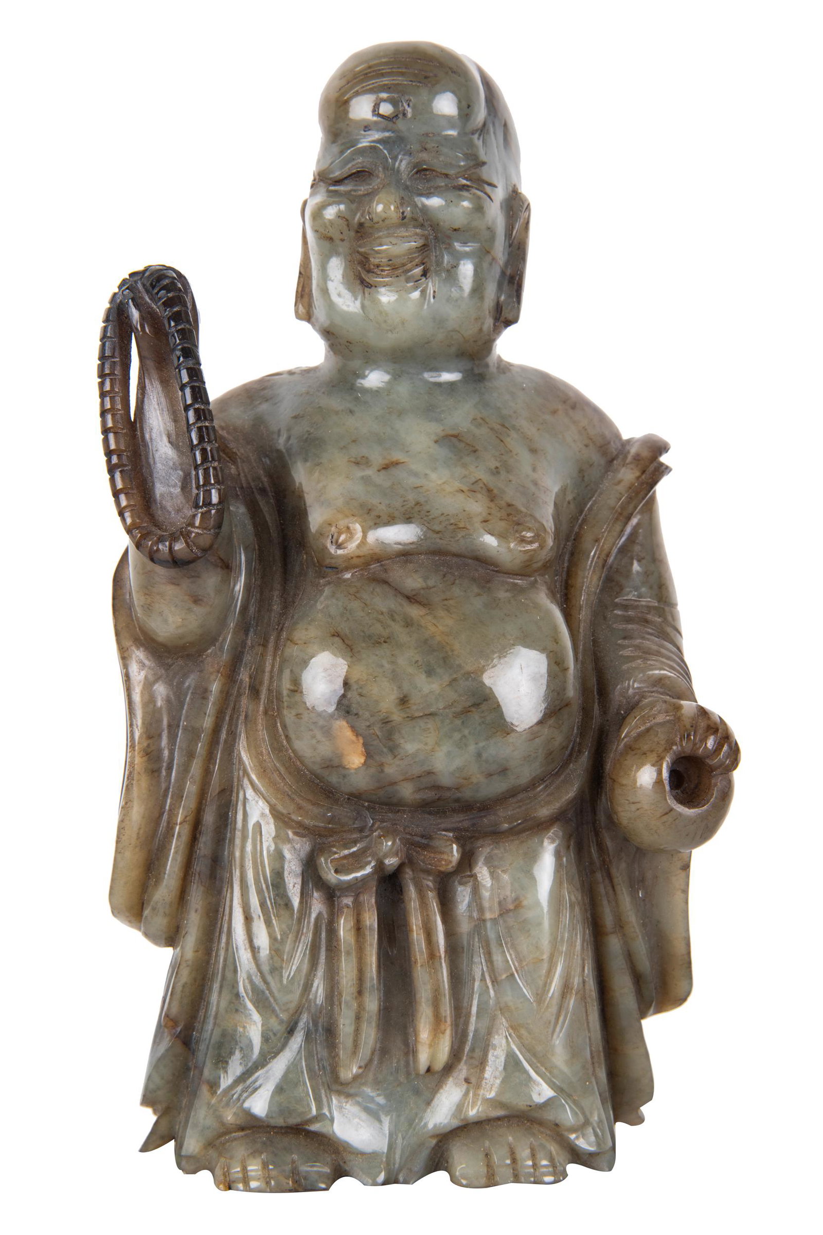 CHINESE CARVED GREEN STONE FIGURE: depicting the Buddhist monk Hotei 6 1/4 inches high
