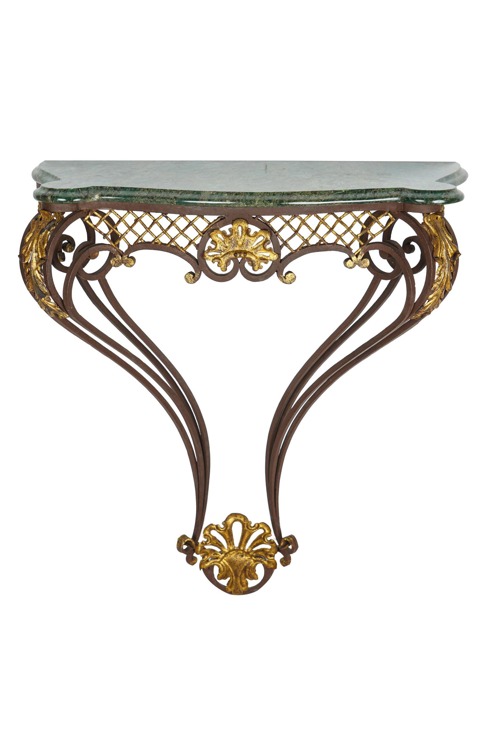 MARBLE, IRON, & GILT METAL CONSOLE: 20th century 27 1/2 inches wide; 12 1/2 inches deep; 32 inches high