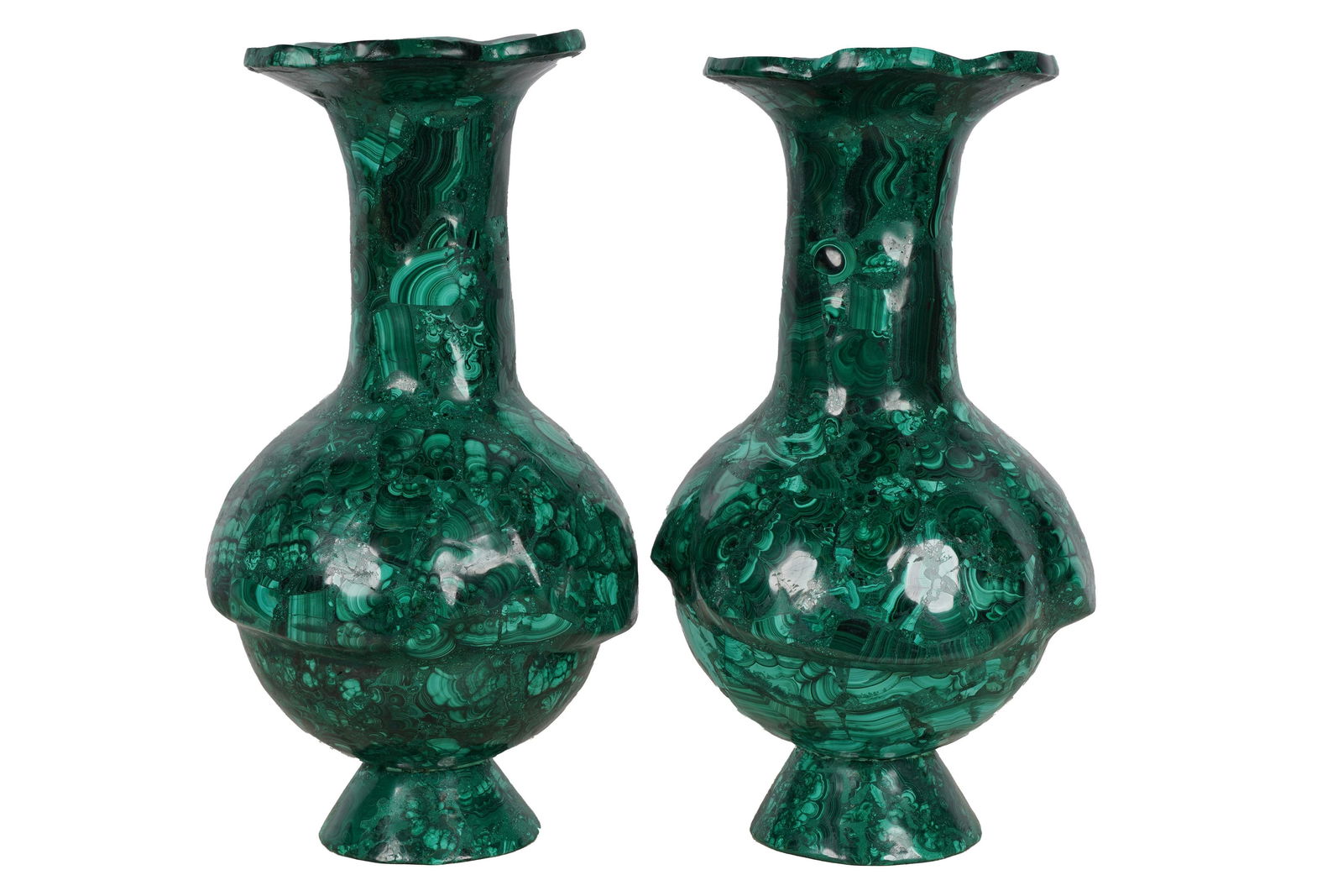 PAIR OF MALACHITE VASES: 20th century 13 1/4 inches high