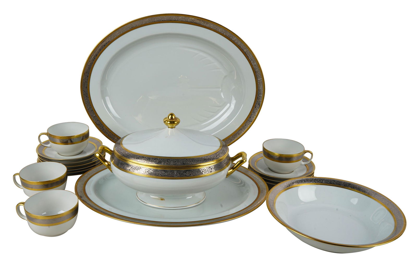 ASSEMBLED GILT & SILVER RIM PORCELAIN SERVICE: some marked for DW Porzellan Karlsbader, some for Bernardaud, comprising 14 dinner plates (10 1/4 inches diameter); 14 salad plates (7 3/4 inches diameter); 14 soup bowls (9 inches diameter);14 coffee