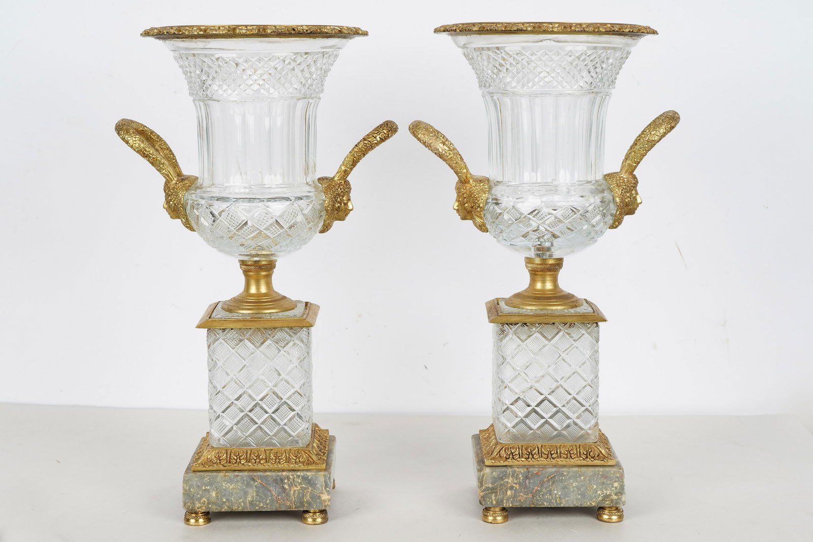 PAIR OF BACCARAT STYLE CUT CRYSTAL & METAL-MOUNTED URNS (1 of 9)