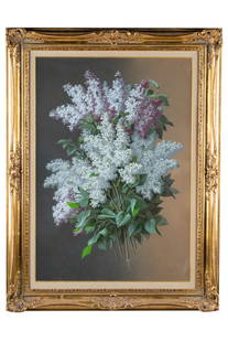 RAOUL DE LONGPRE (1843 OR 59 - 1911): LILAC STILL LIFE: gouache on paper, signed lower right Condition: framed under glass 28 x 19 inches sight; 35 x 26 3/4 inches frame